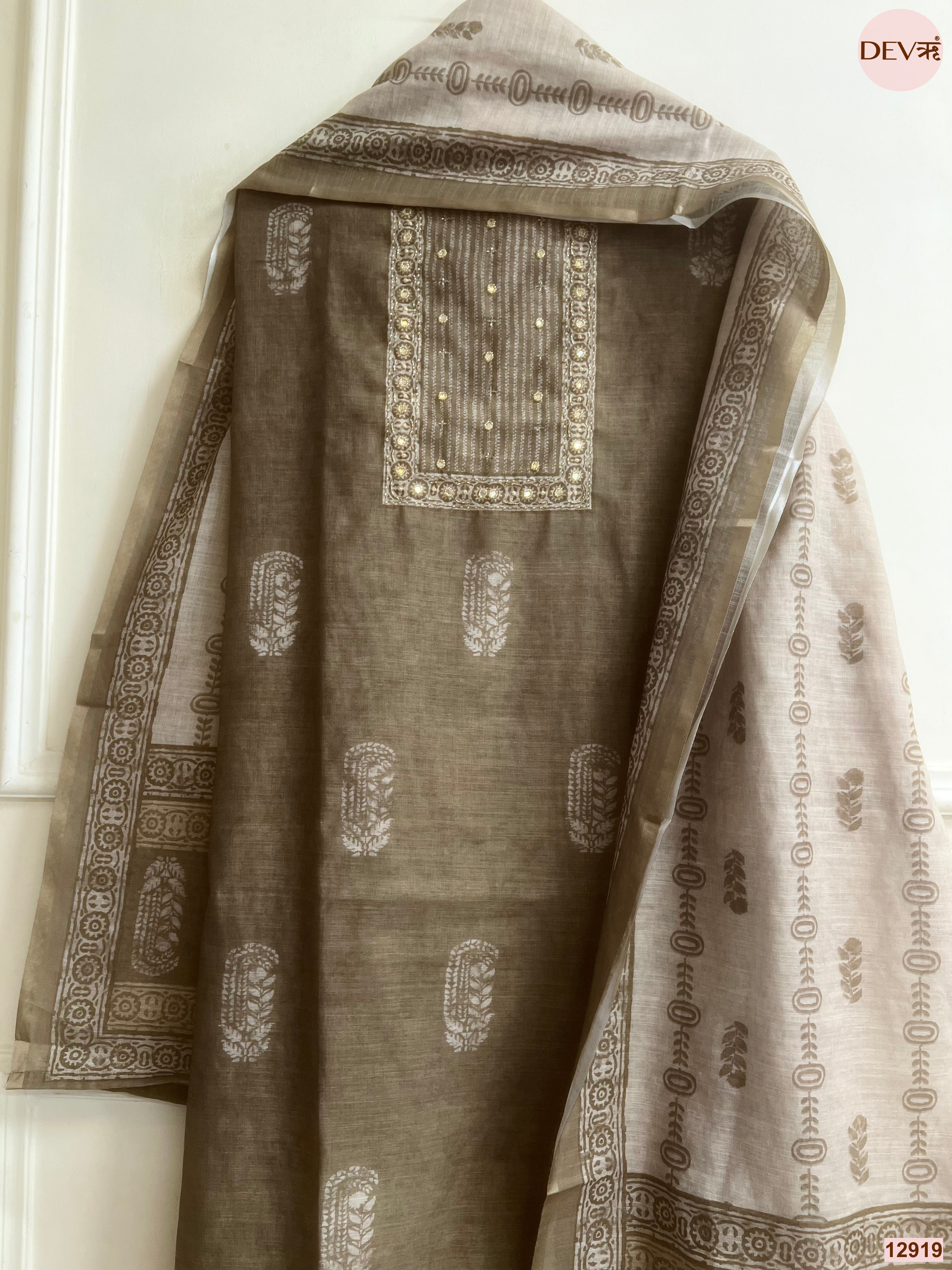Brown Linen Cotton Printed Unstitched 3-Piece Suit (Devri – D.No 12919)