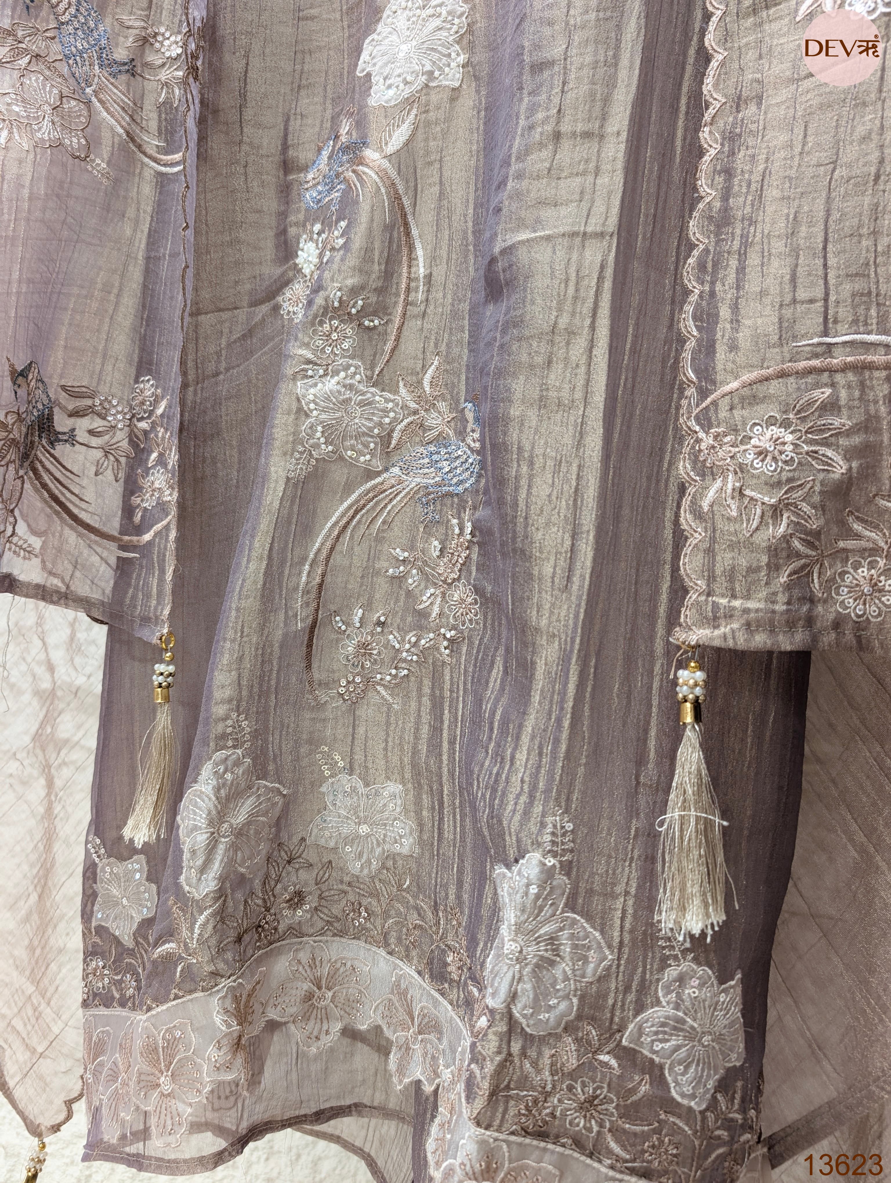 Mauve Tissue Crush Silk Embroidered Unstitched 3-Piece Suit (Devri – D.No 13623)