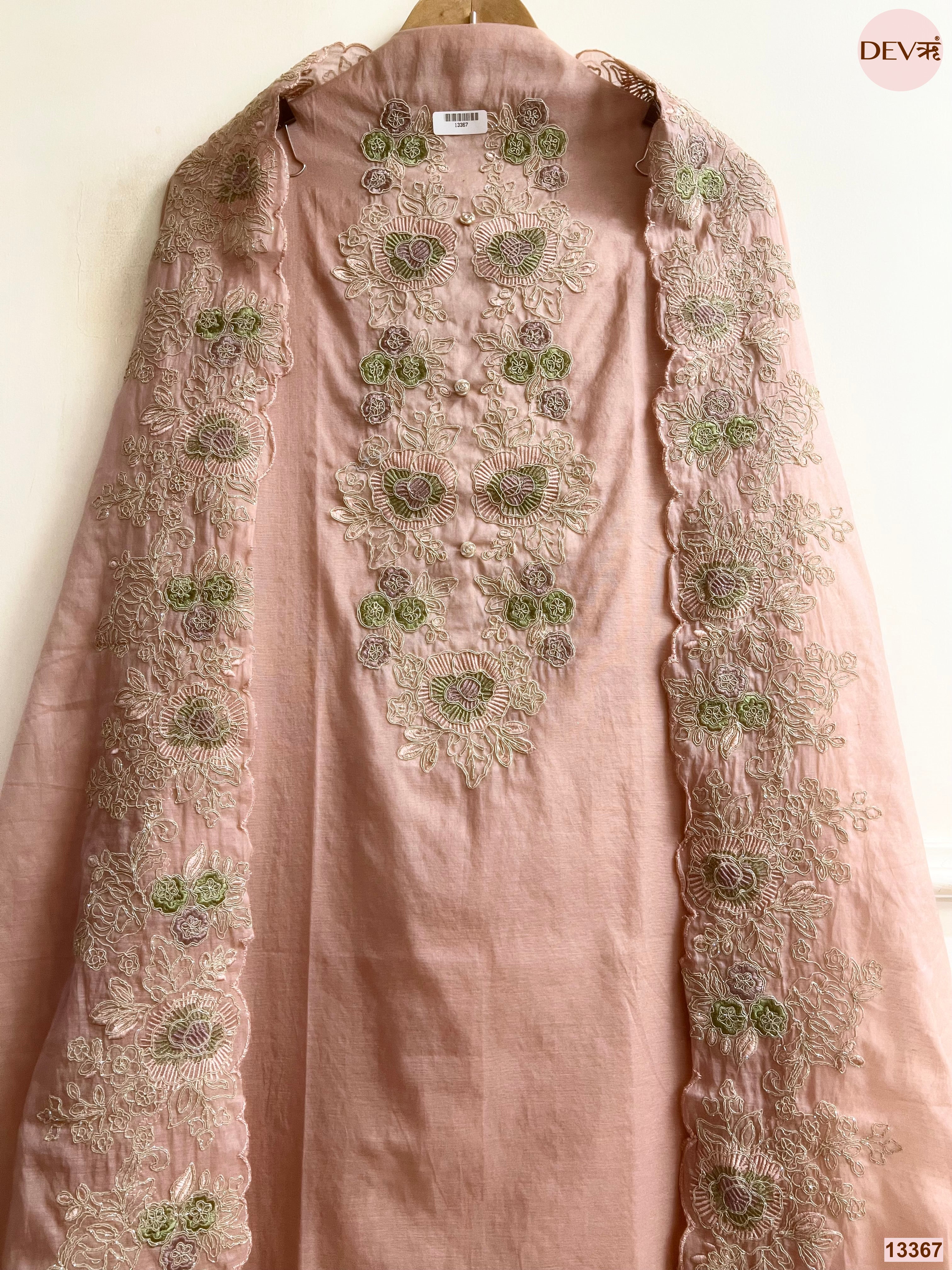 Peach Mul Chanderi Embroidered Unstitched 3-Piece Suit (Devri – D.No 13367)