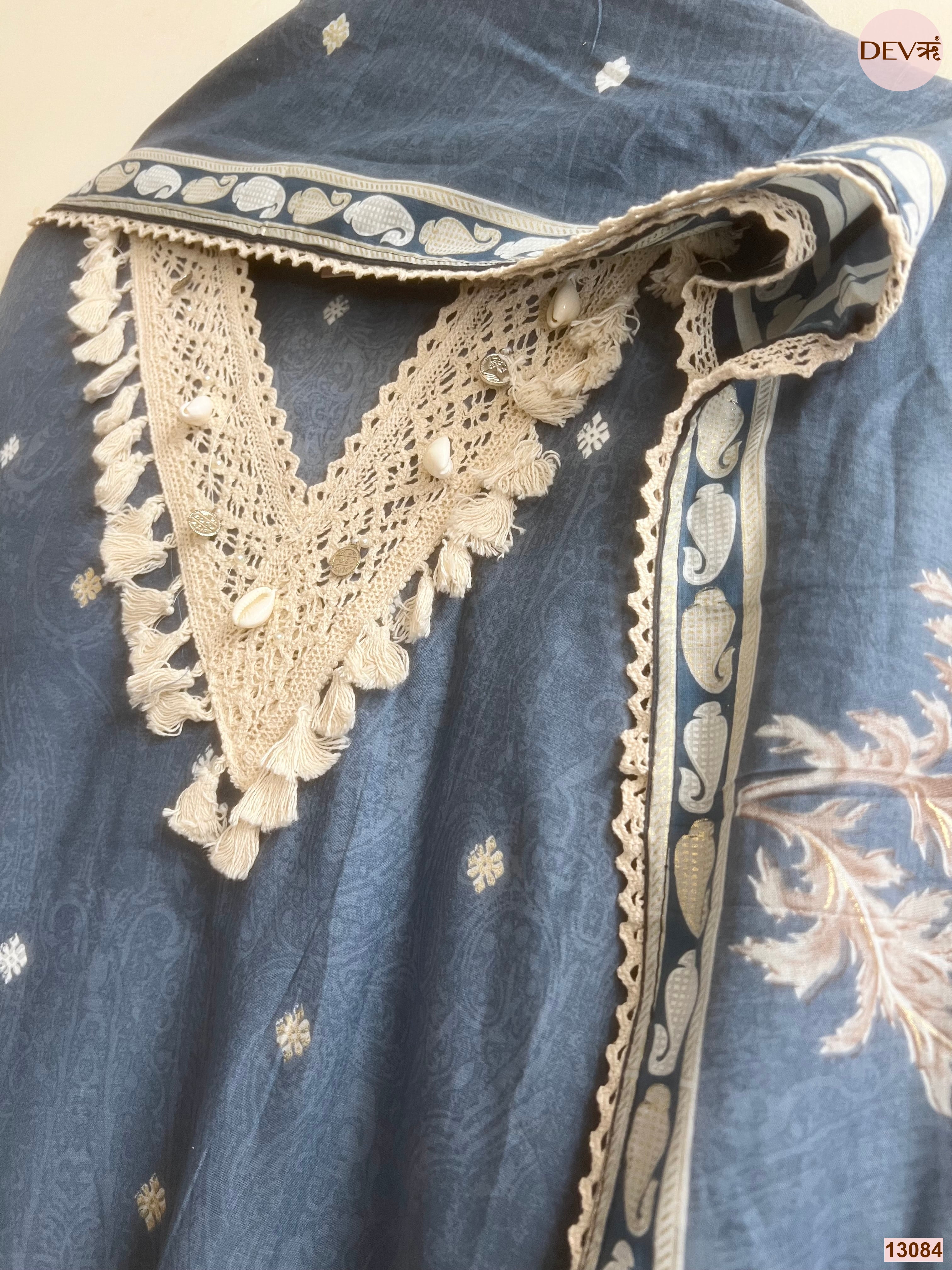 Blue Cotton Printed Unstitched 3-Piece Suit (Devri – D.No 13084)