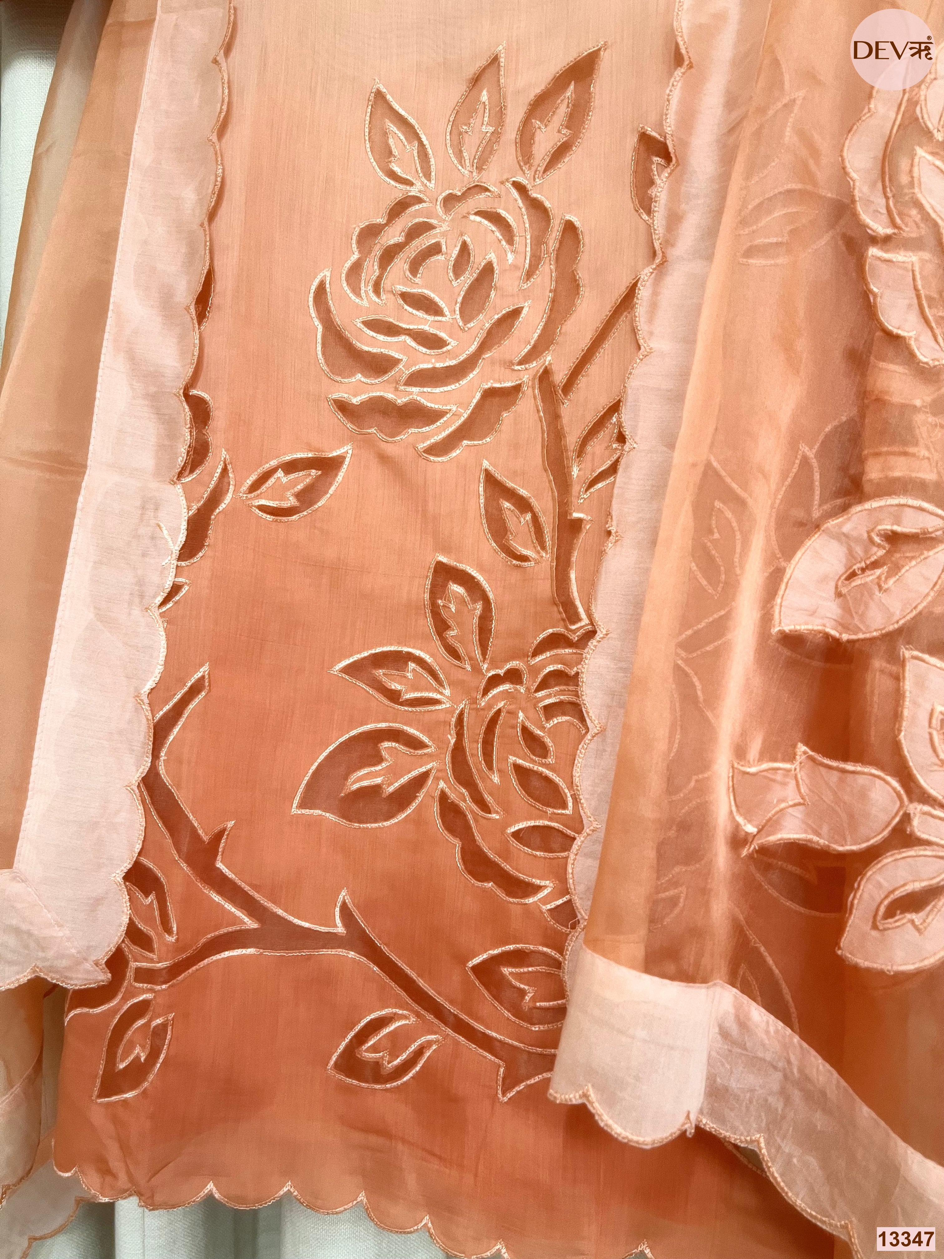 Peach Mul Chanderi Embroidered Unstitched 3-Piece Suit (Devri – D.No 13347)