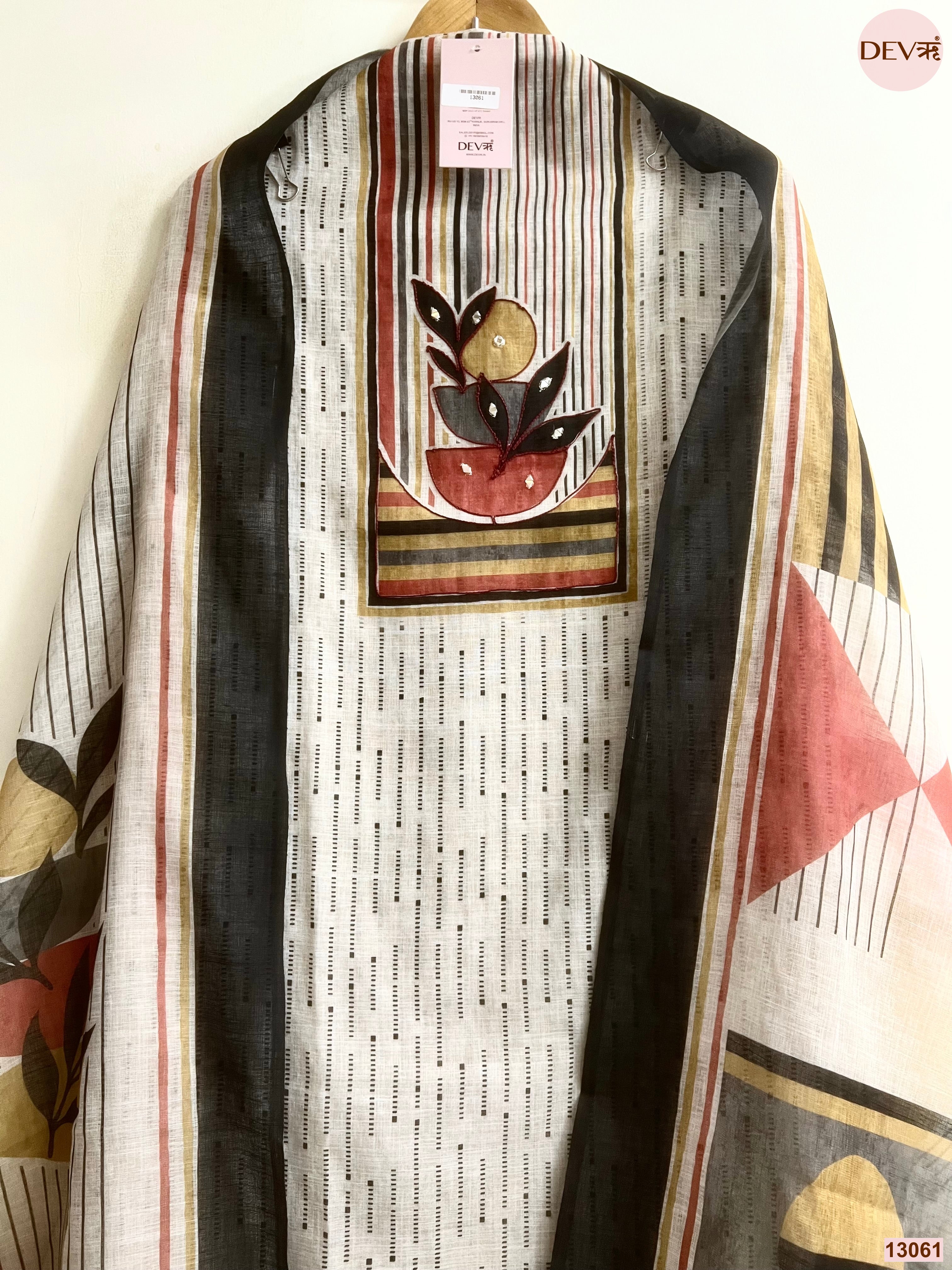 Off White Linen Cotton Printed Unstitched 3-Piece Suit (Devri – D.No 13061)