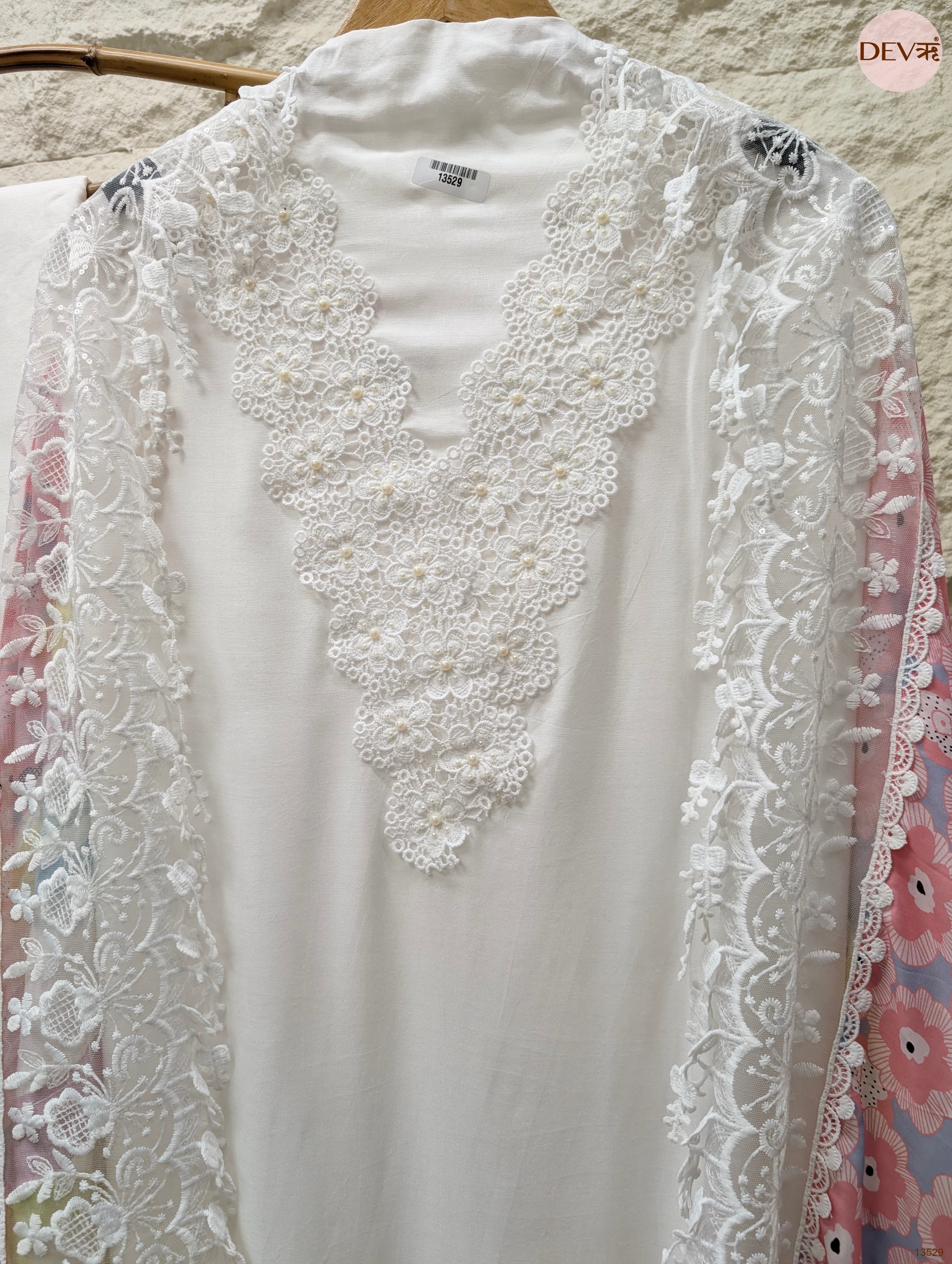White Muslin Embroidered Unstitched 3-Piece Suit (Devri – D.No 13529)