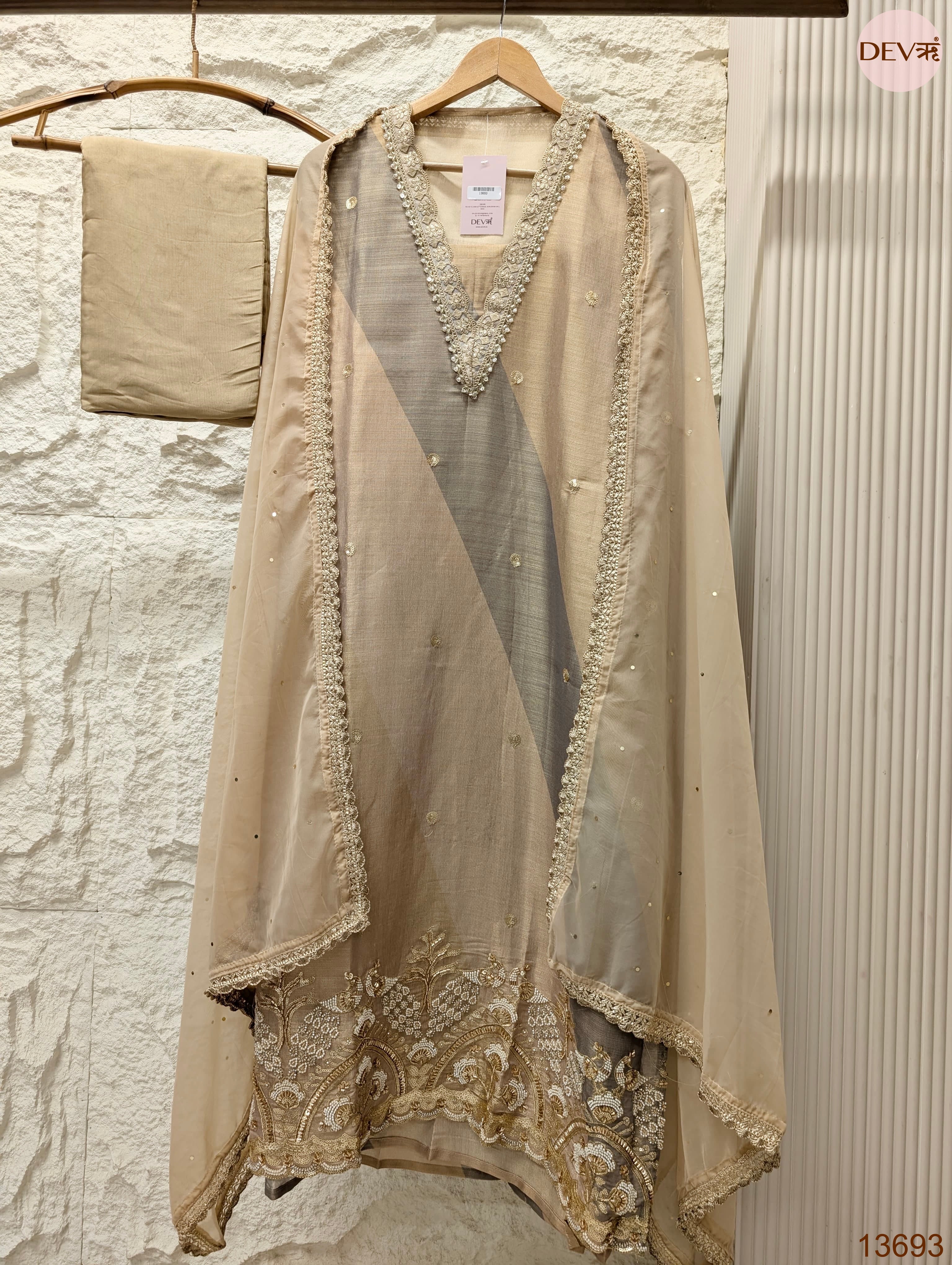 Beige Tissue Silk Embroidered Unstitched 3-Piece Suit (Devri – D.No 13693)