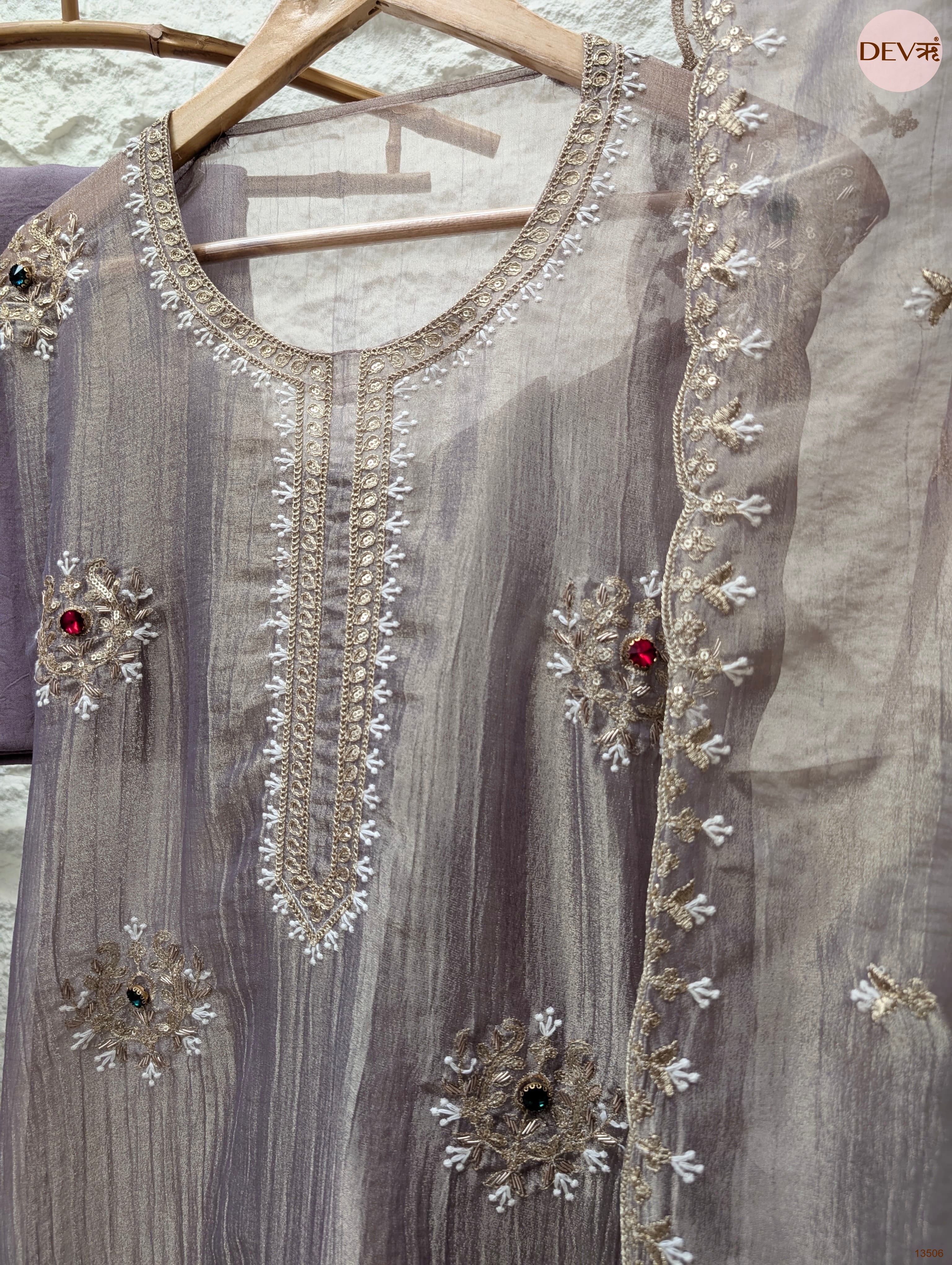 Mauve Tissue Crush Silk Embroidered Unstitched 3-Piece Suit (Devri – D.No 13506)