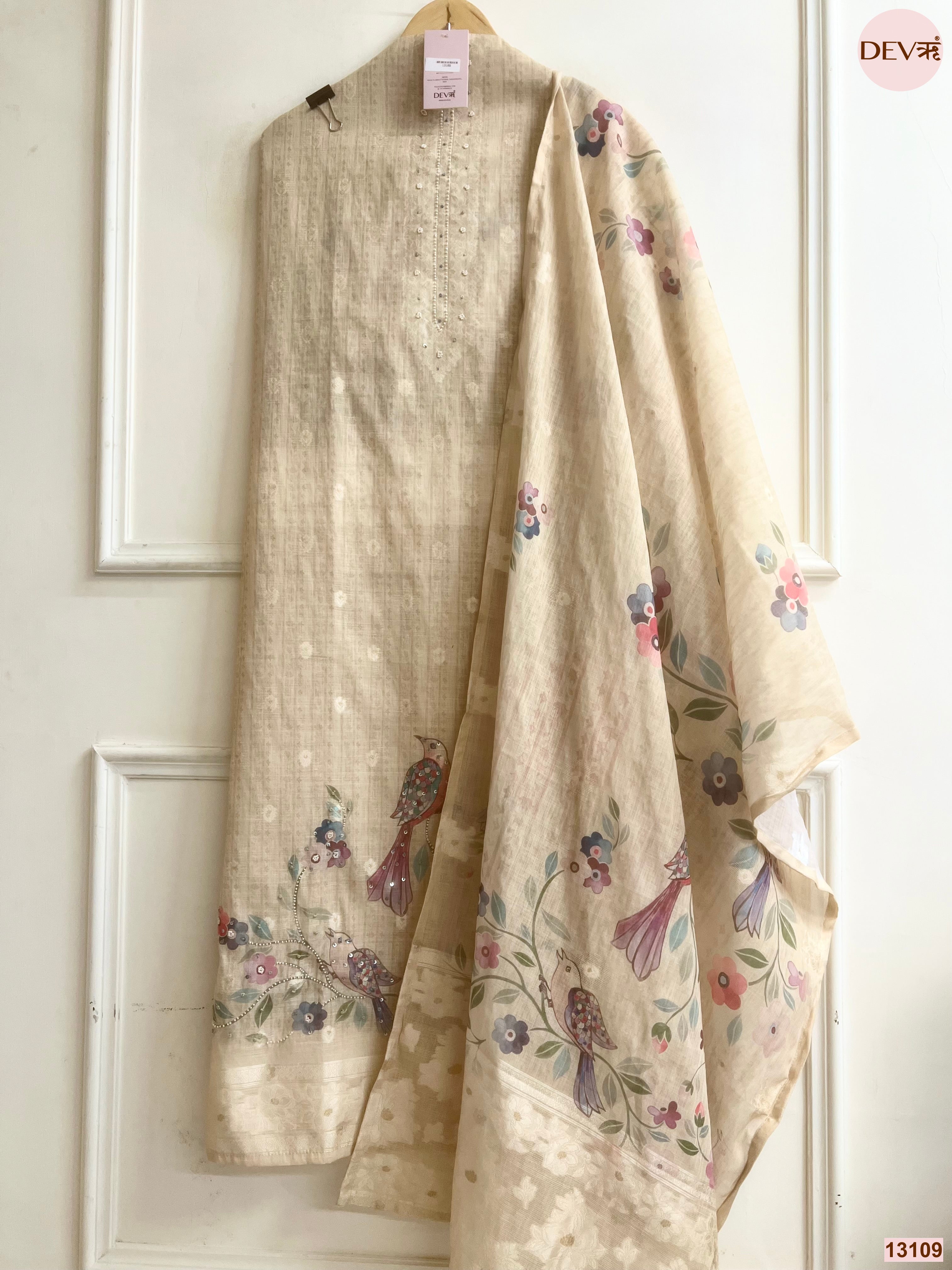 Beige Linen Cotton Printed Unstitched 3-Piece Suit (Devri – D.No 13109)