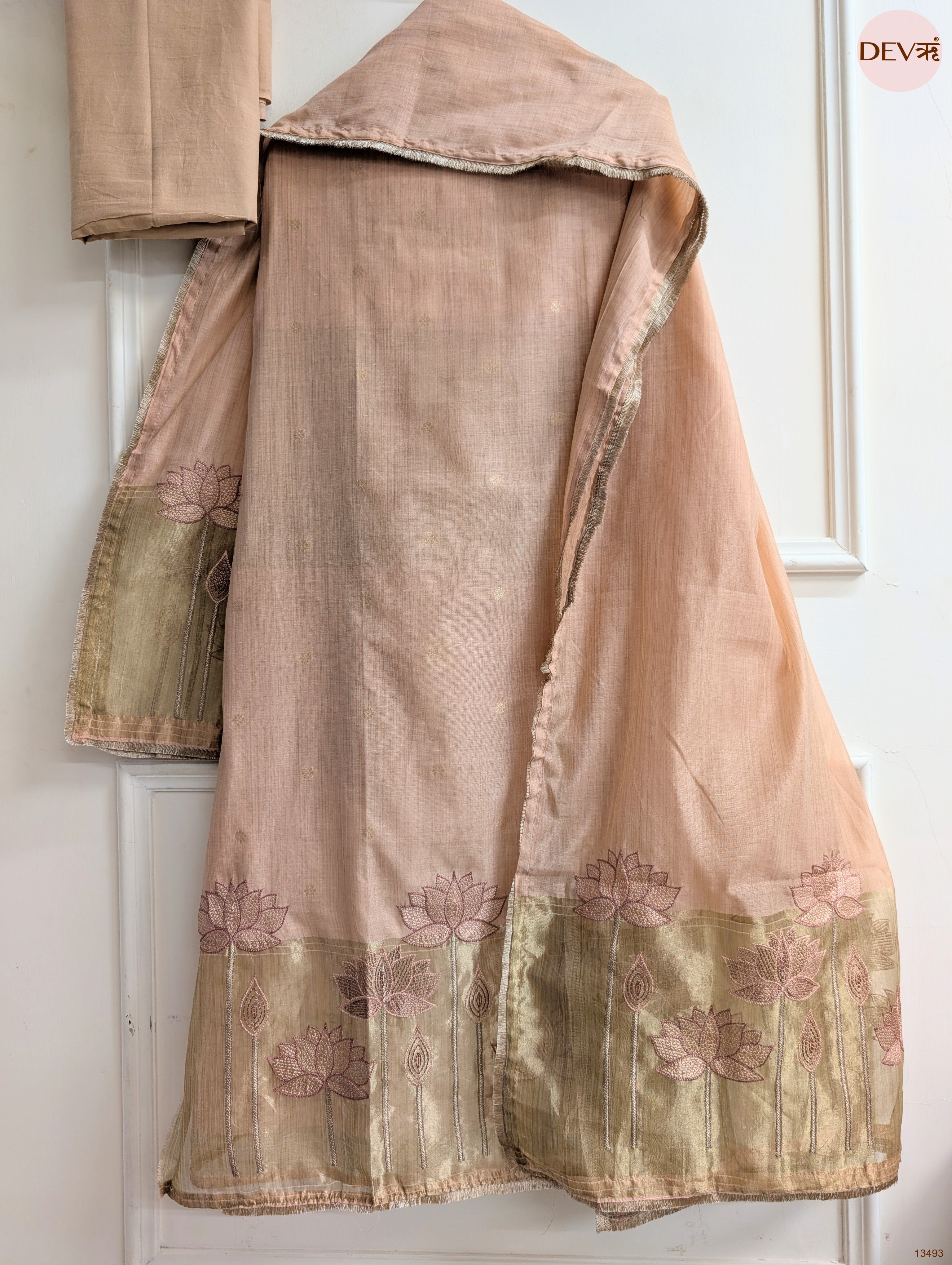Peach Banarashi Silk Printed Unstitched 3-Piece Suit (Devri – D.No 13493)