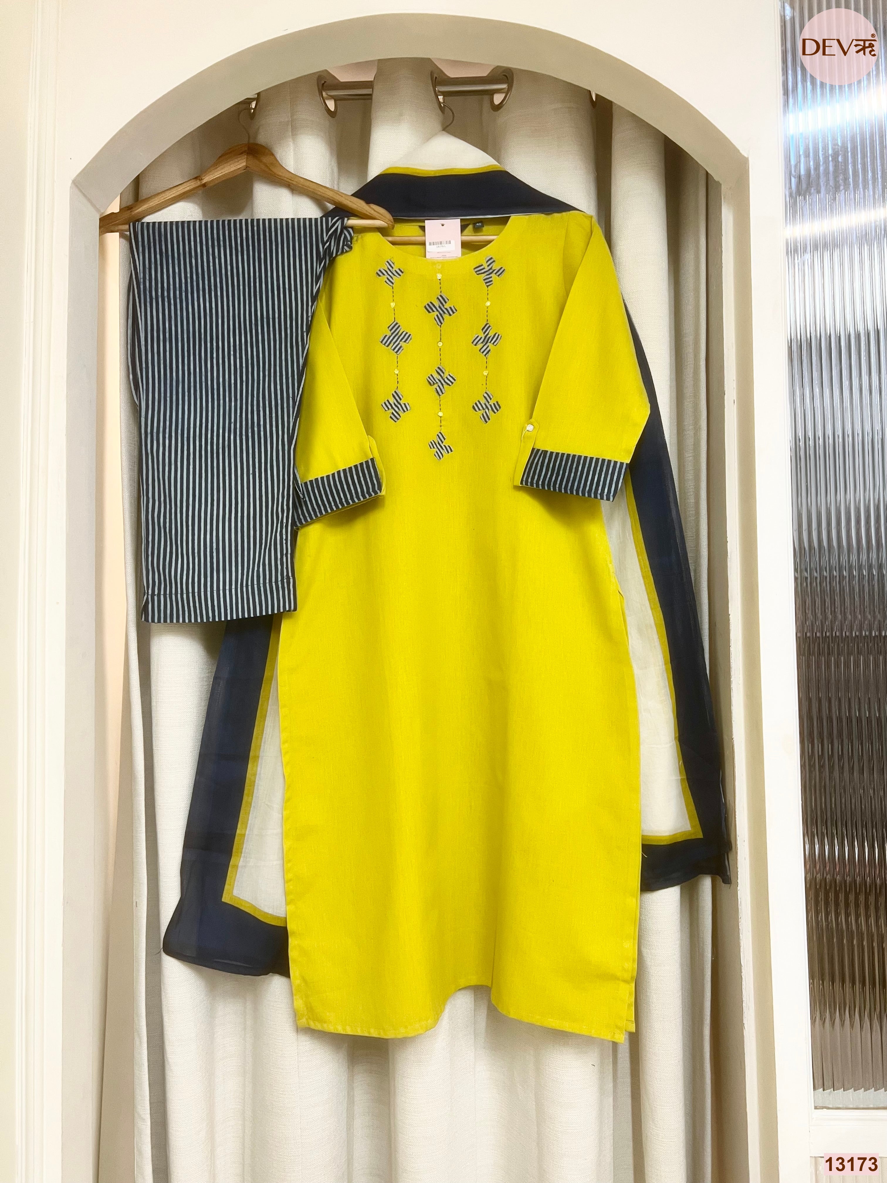 Ruhani Pure Cotton Embroidered Yellow 3-Piece Set (Devri – D.No 13173)
