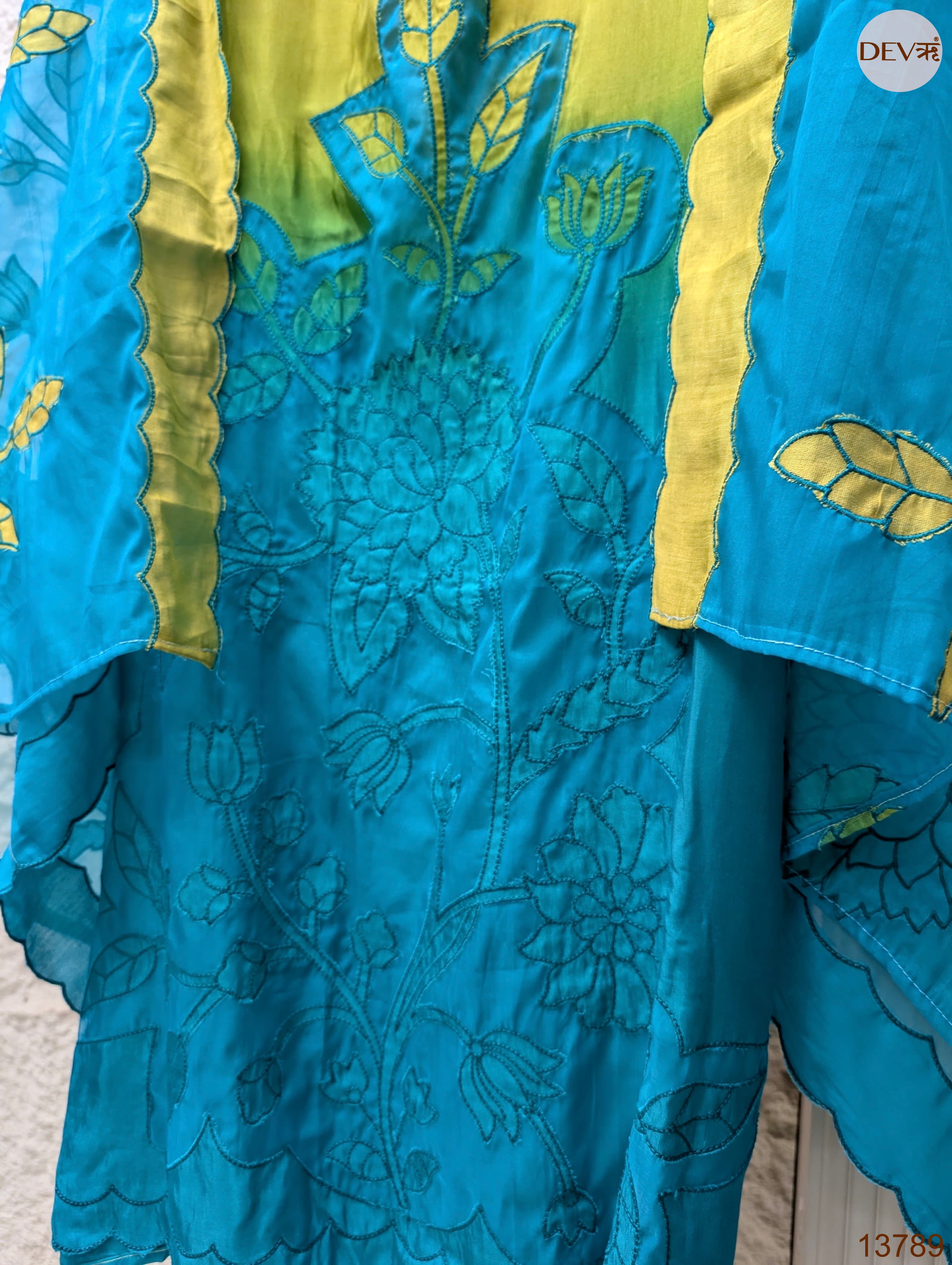 Teal Muslin Embroidered Unstitched 3-Piece Suit (Devri – D.No 13789)