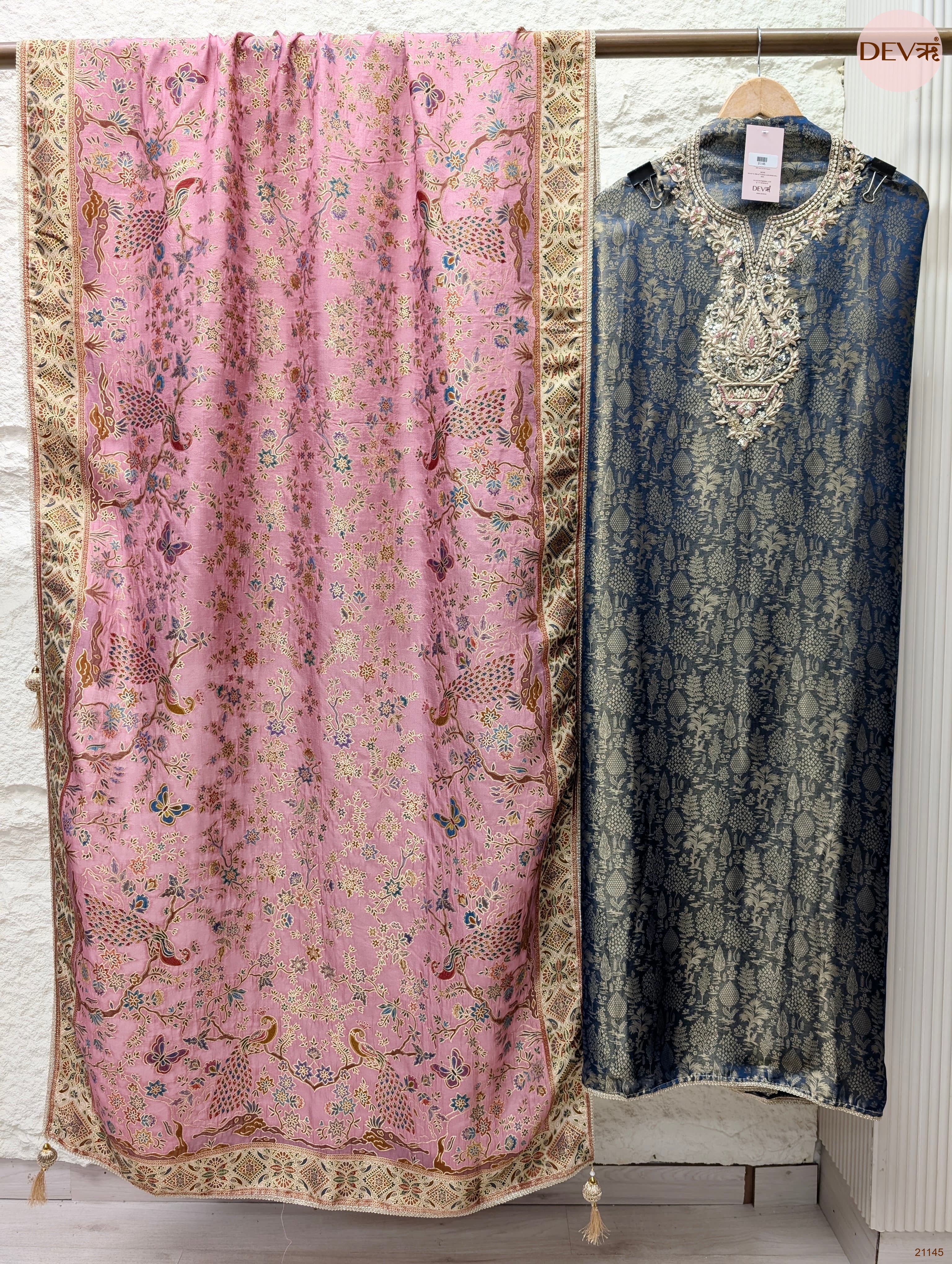 Blue Pure Banarasi Woven Silk Embroidered Unstitched 3-Piece Suit (Devri – D.No 21145)