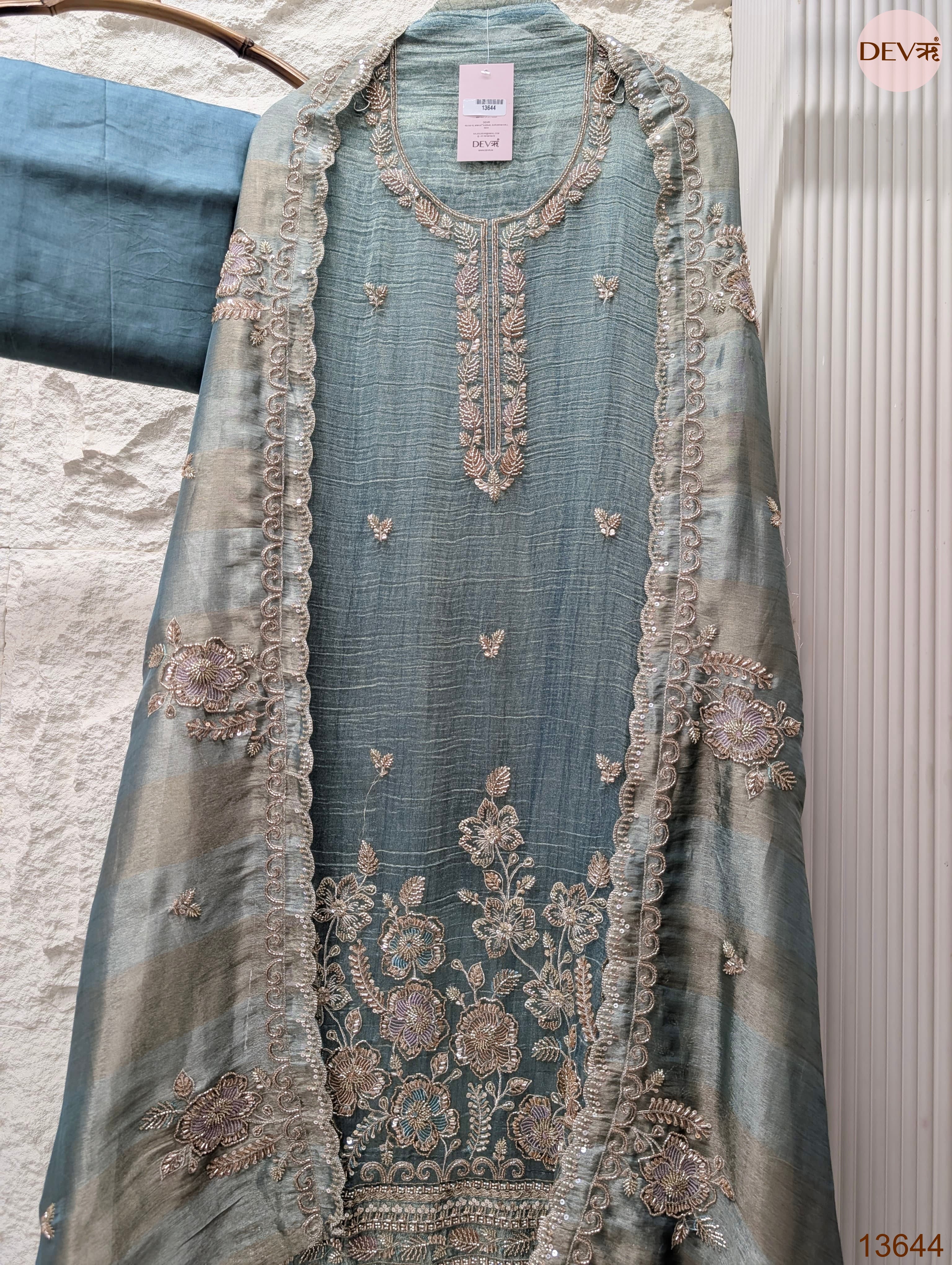 Teal Tissue Crush Silk Embroidered Unstitched 3-Piece Suit (Devri – D.No 13644)