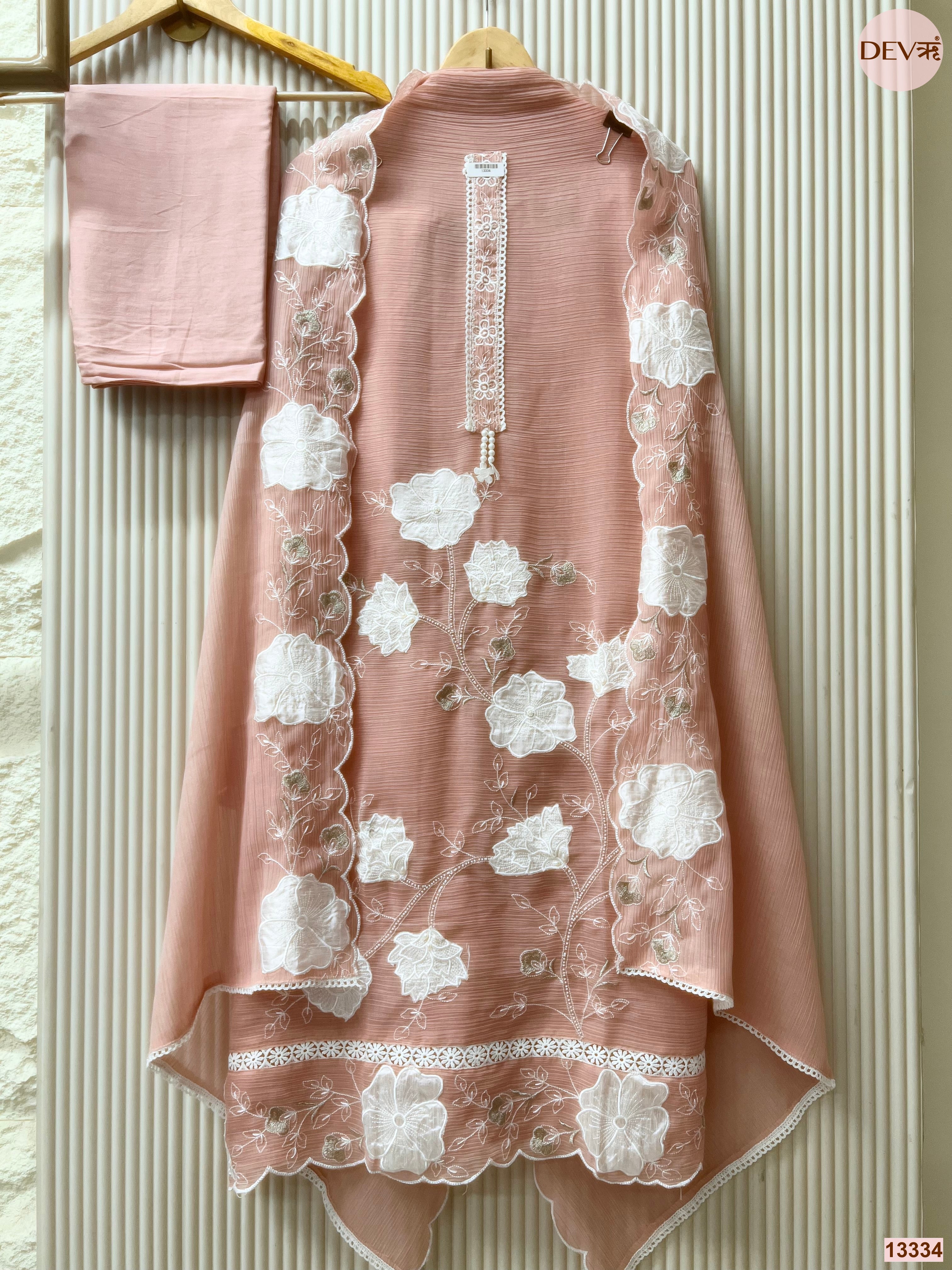 Peach Mul Chanderi Crush Embroidered Unstitched 3-Piece Suit (Devri – D.No 13334)