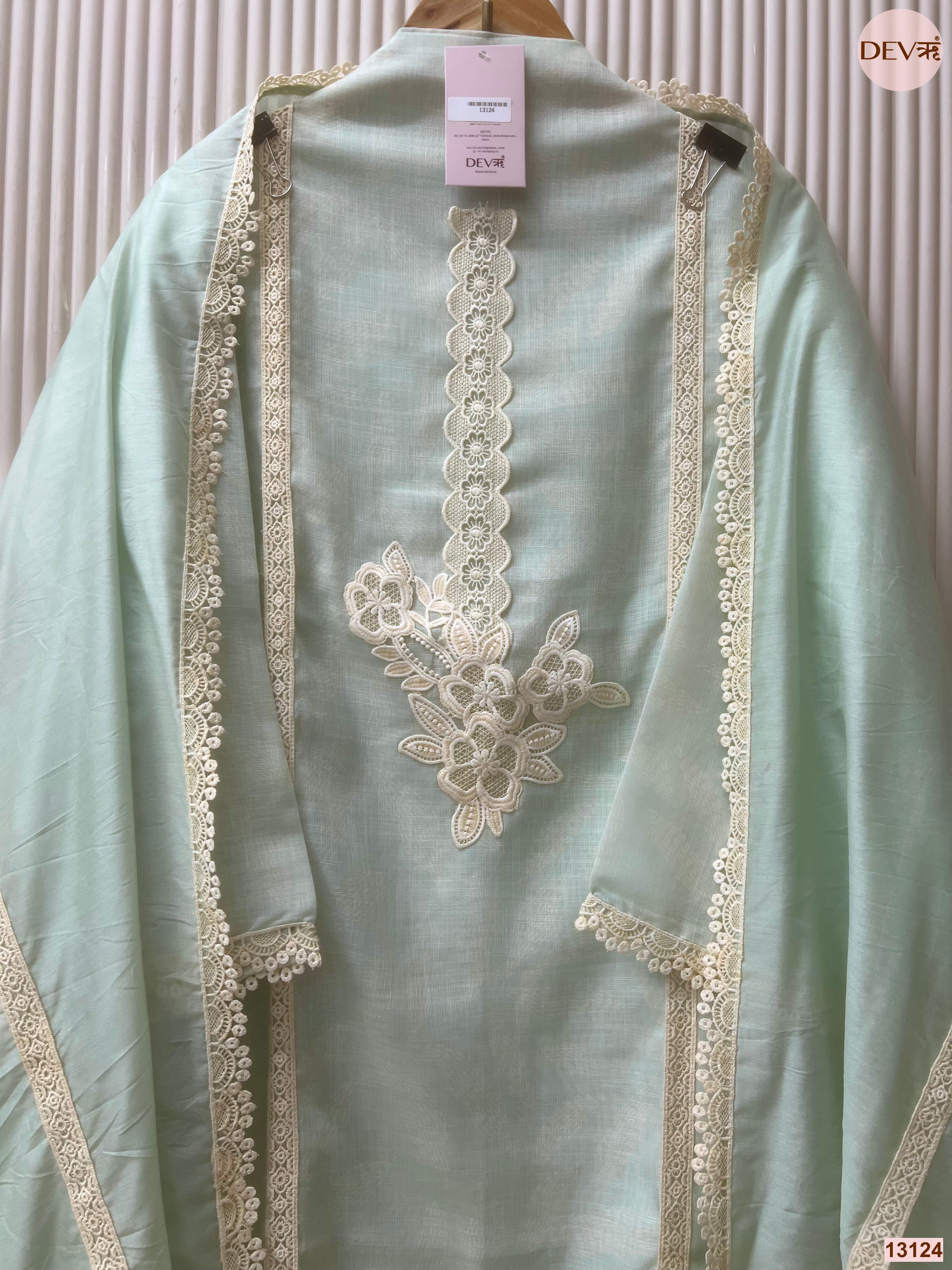 Mint Linen Cotton Embroidered Unstitched 3-Piece Suit (Devri – D.No 13124)