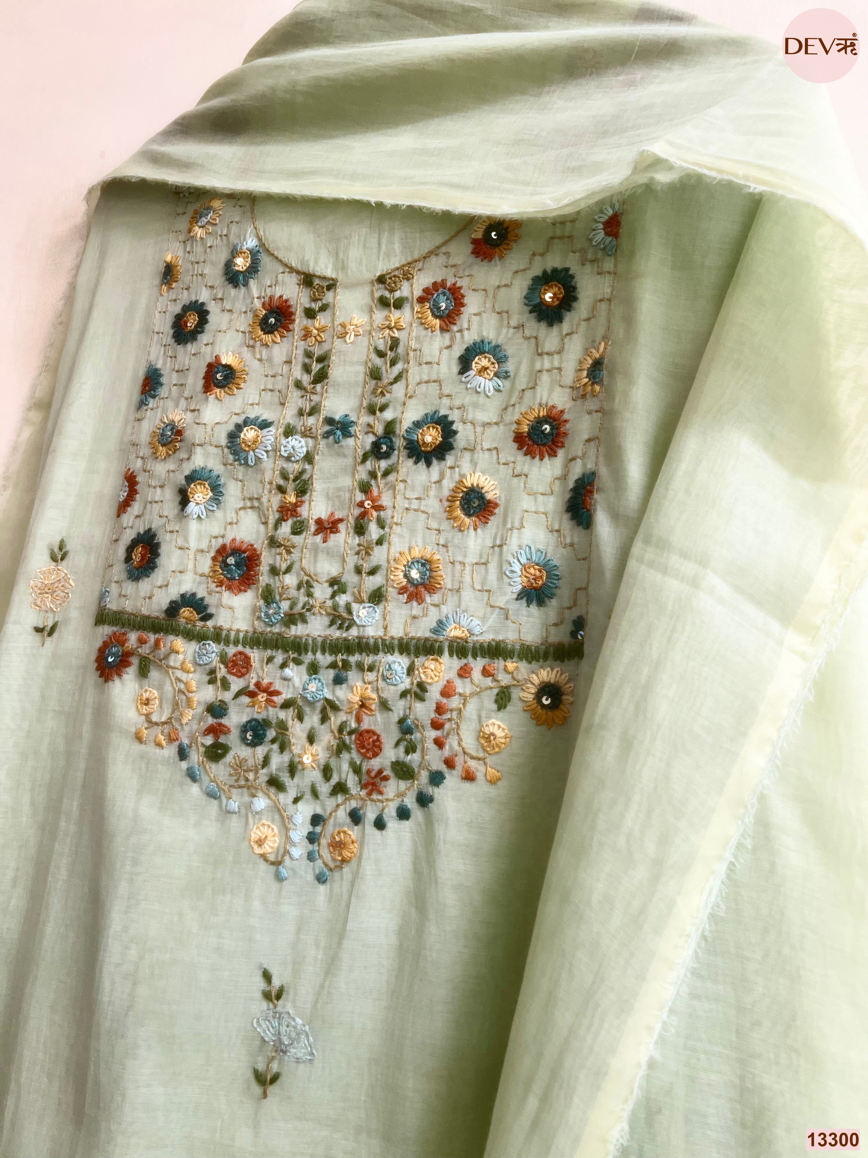 Mint Mul Chanderi Embroidered Unstitched 3-Piece Suit (Devri – D.No 13300)