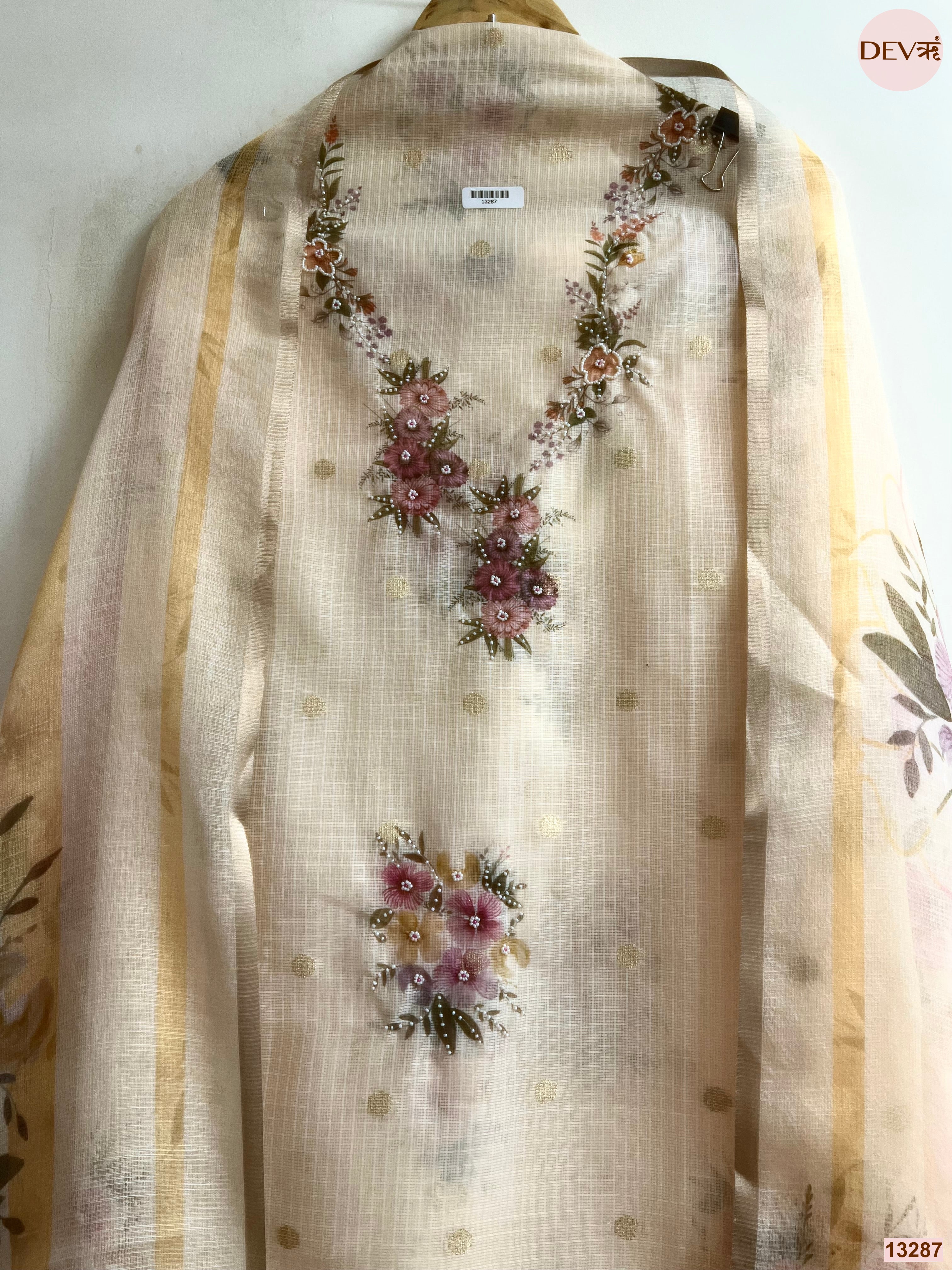 Cream Kota Cotton Printed Unstitched 3-Piece Suit (Devri – D.No 13287)