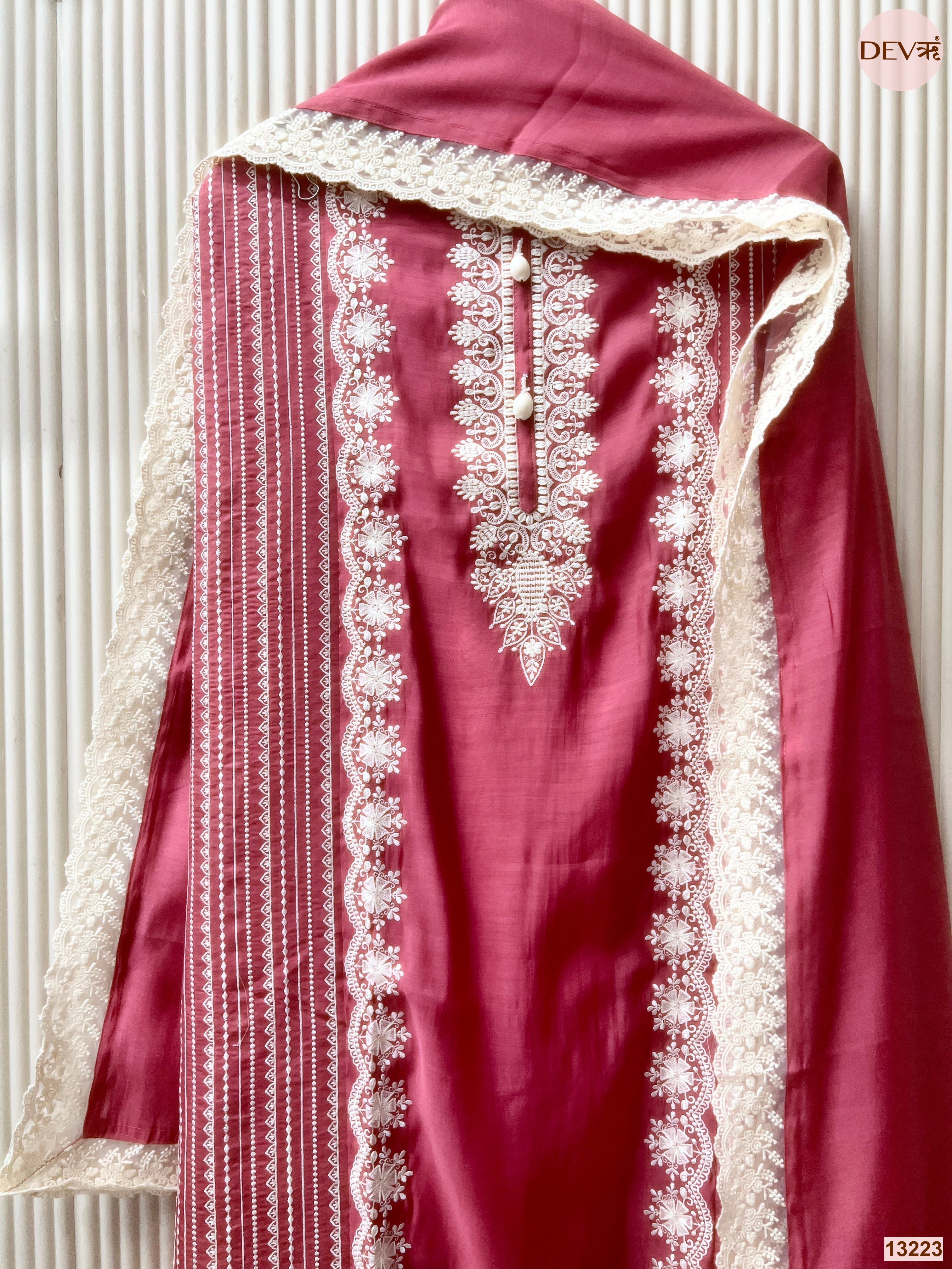 Pink Mul Cotton Embroidered Unstitched 3-Piece Suit (Devri – D.No 13223)