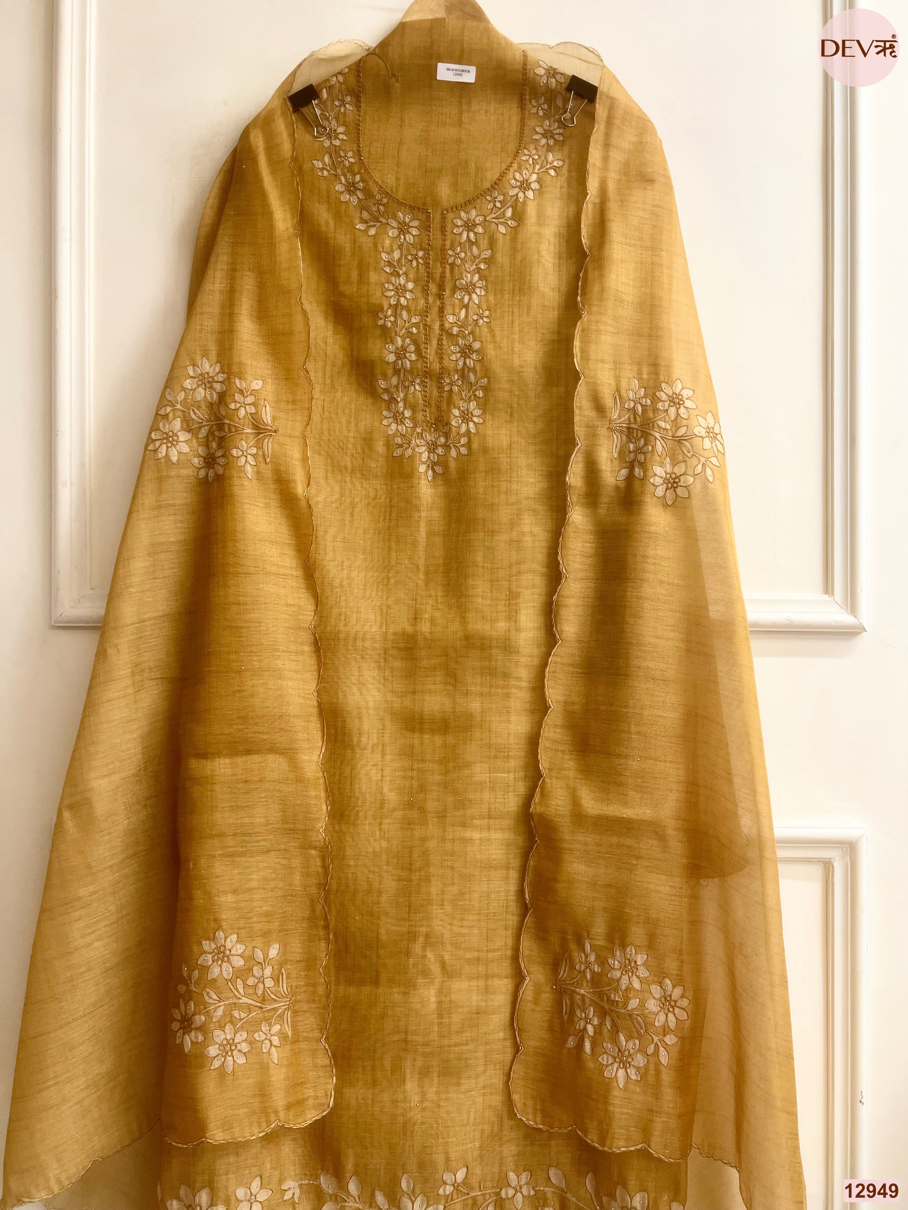 Mustard Linen Embroidered Unstitched 3-Piece Suit (Devri – D.No 12949)