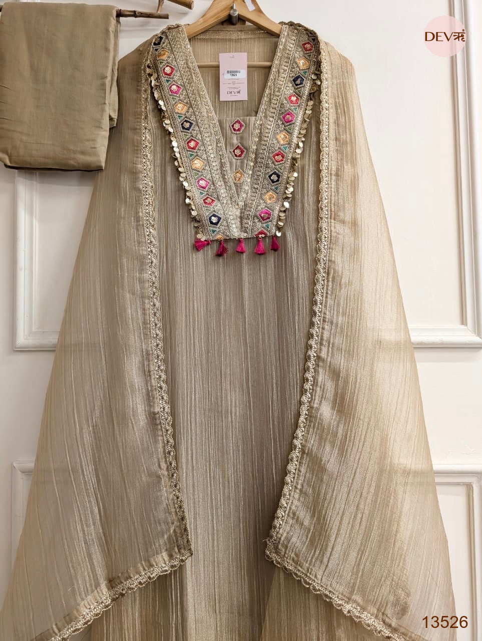 Beige Tissue Crush silk Embroidered Unstitched 3-Piece Suit (Devri – D.No 13526)