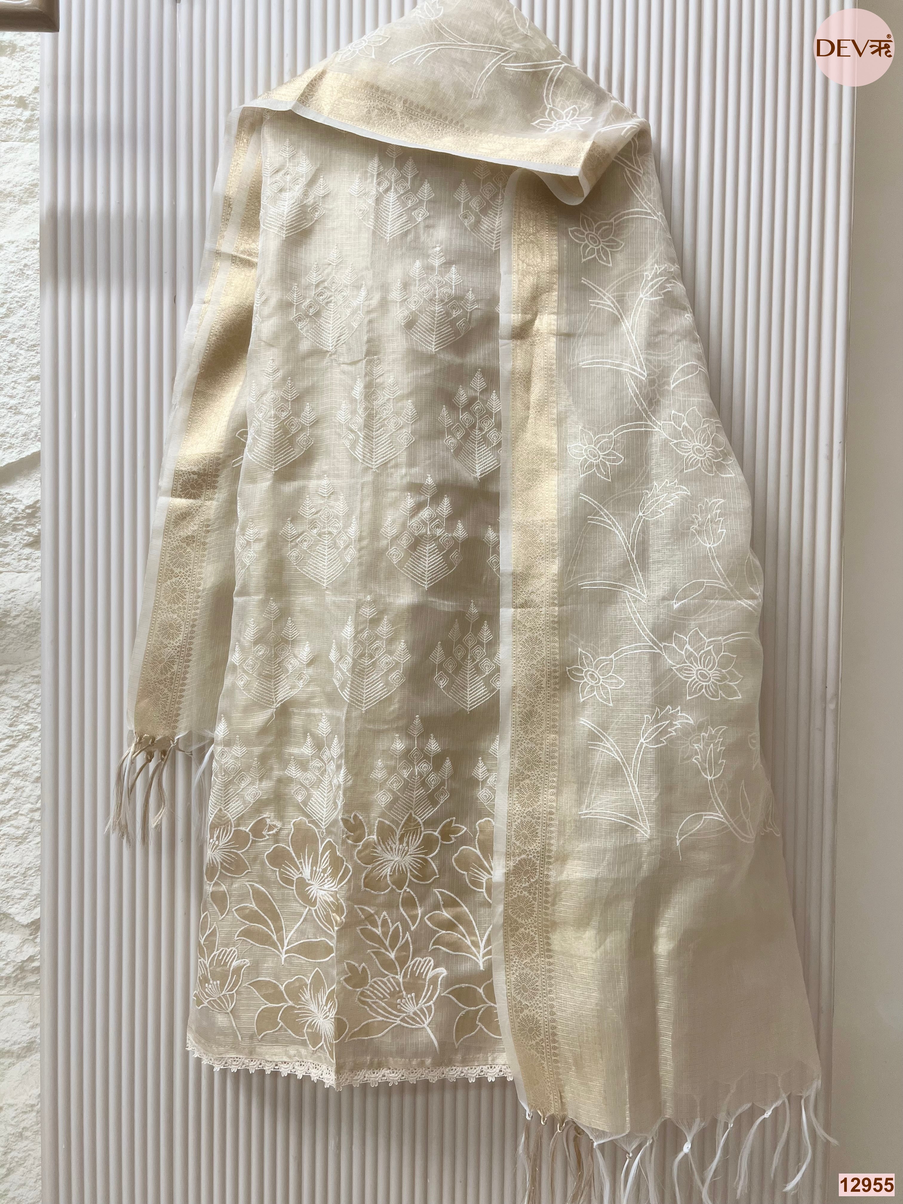 Cream Kota silk Embroidered Unstitched 3-Piece Suit (Devri – D.No 12955)