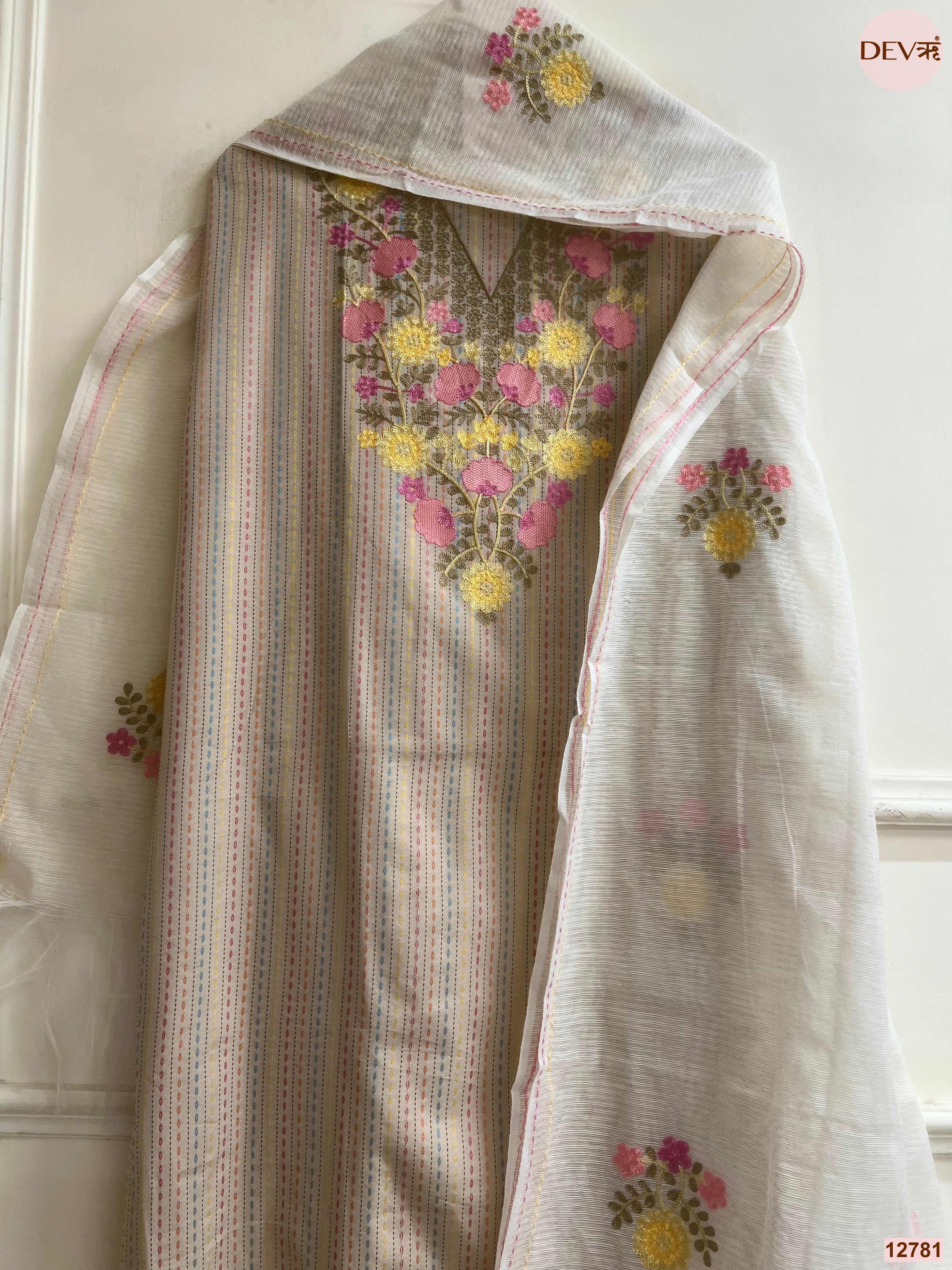 Cream Cotton Handloom Embroidered Unstitched 3-Piece Suit (Devri – D.No 12781)
