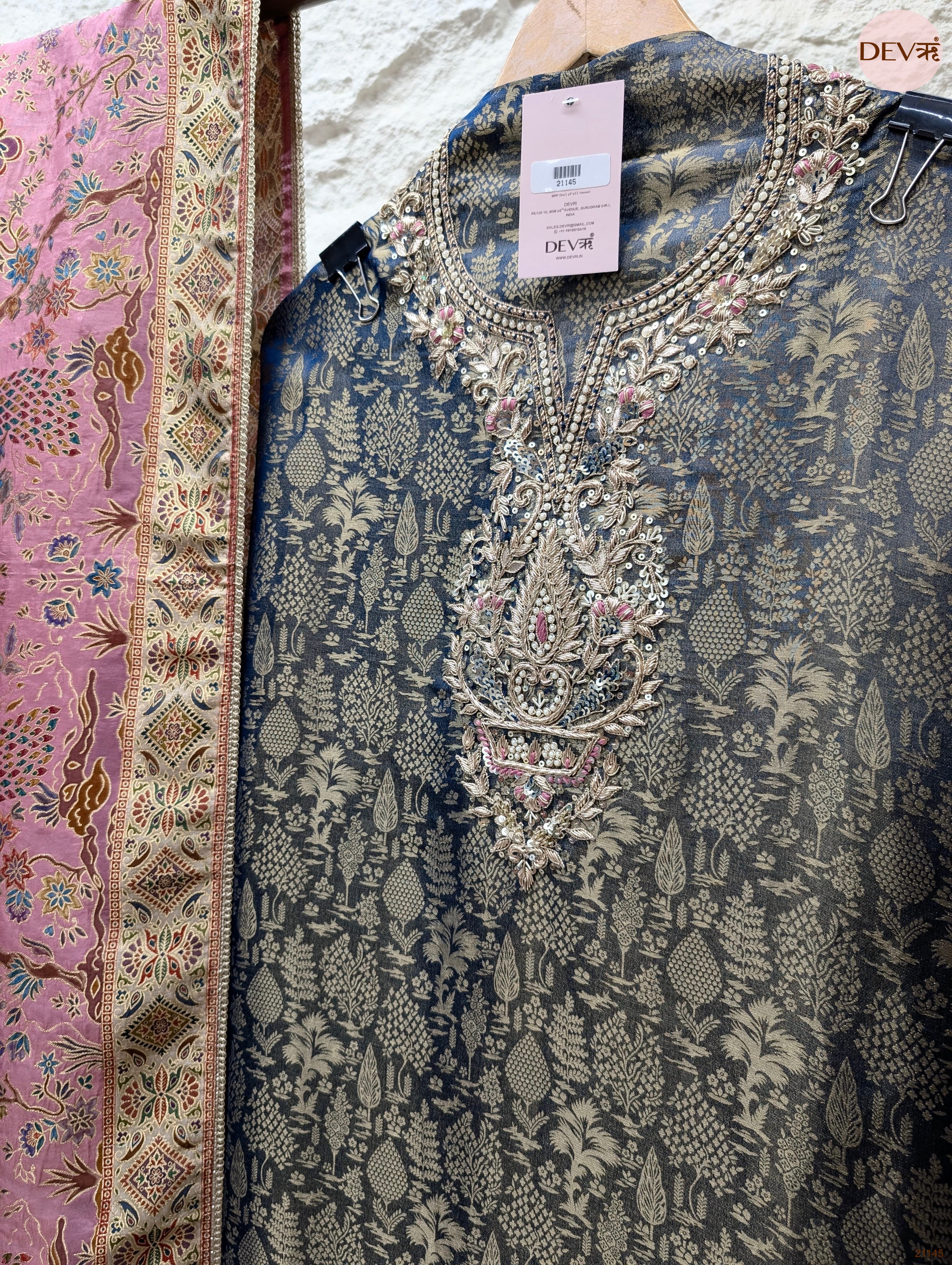 Blue Pure Banarasi Woven Silk Embroidered Unstitched 3-Piece Suit (Devri – D.No 21145)