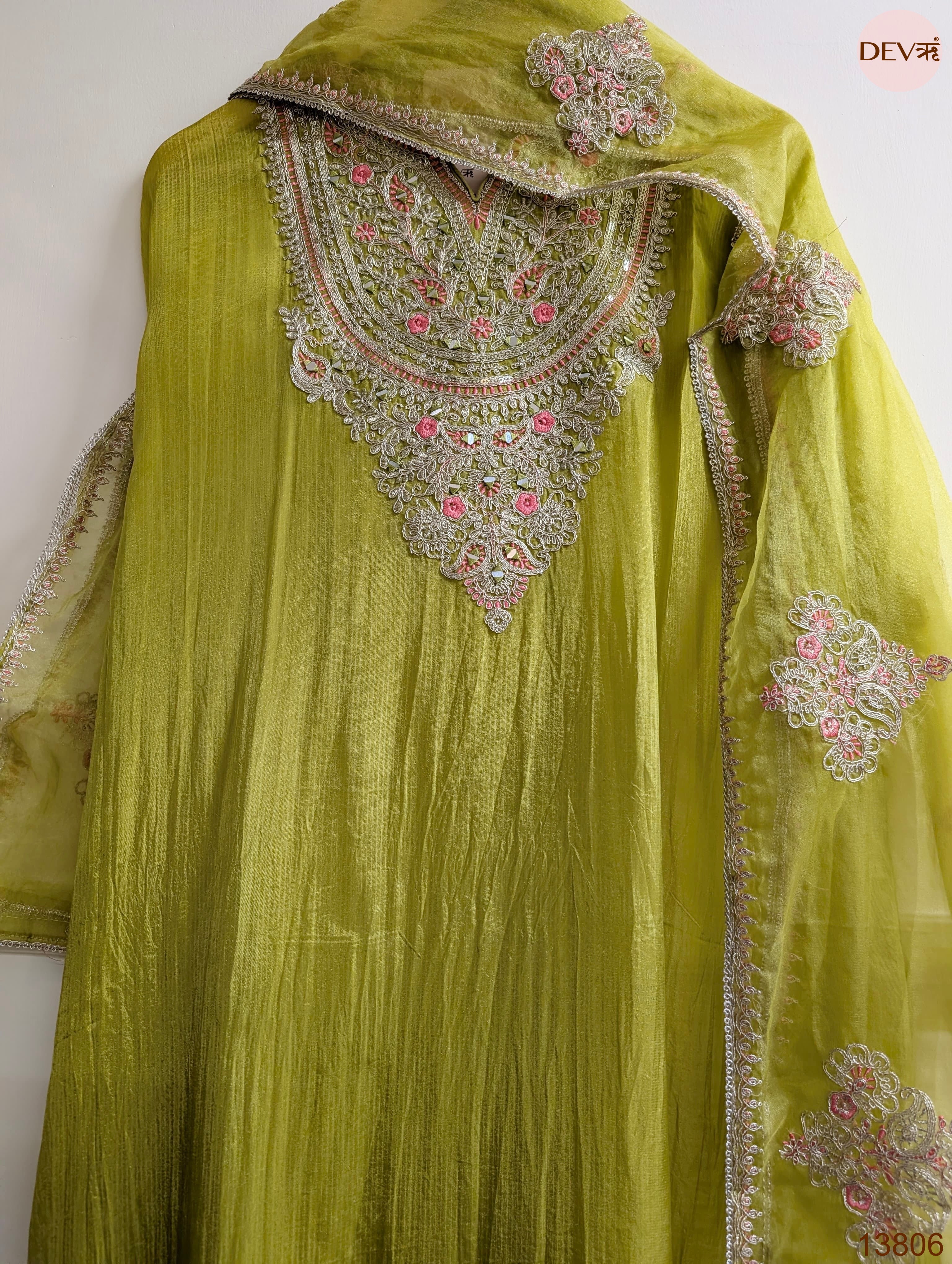Olive Tissue Organza Silk Embroidered Unstitched 3-Piece Suit (Devri – D.No 13806)