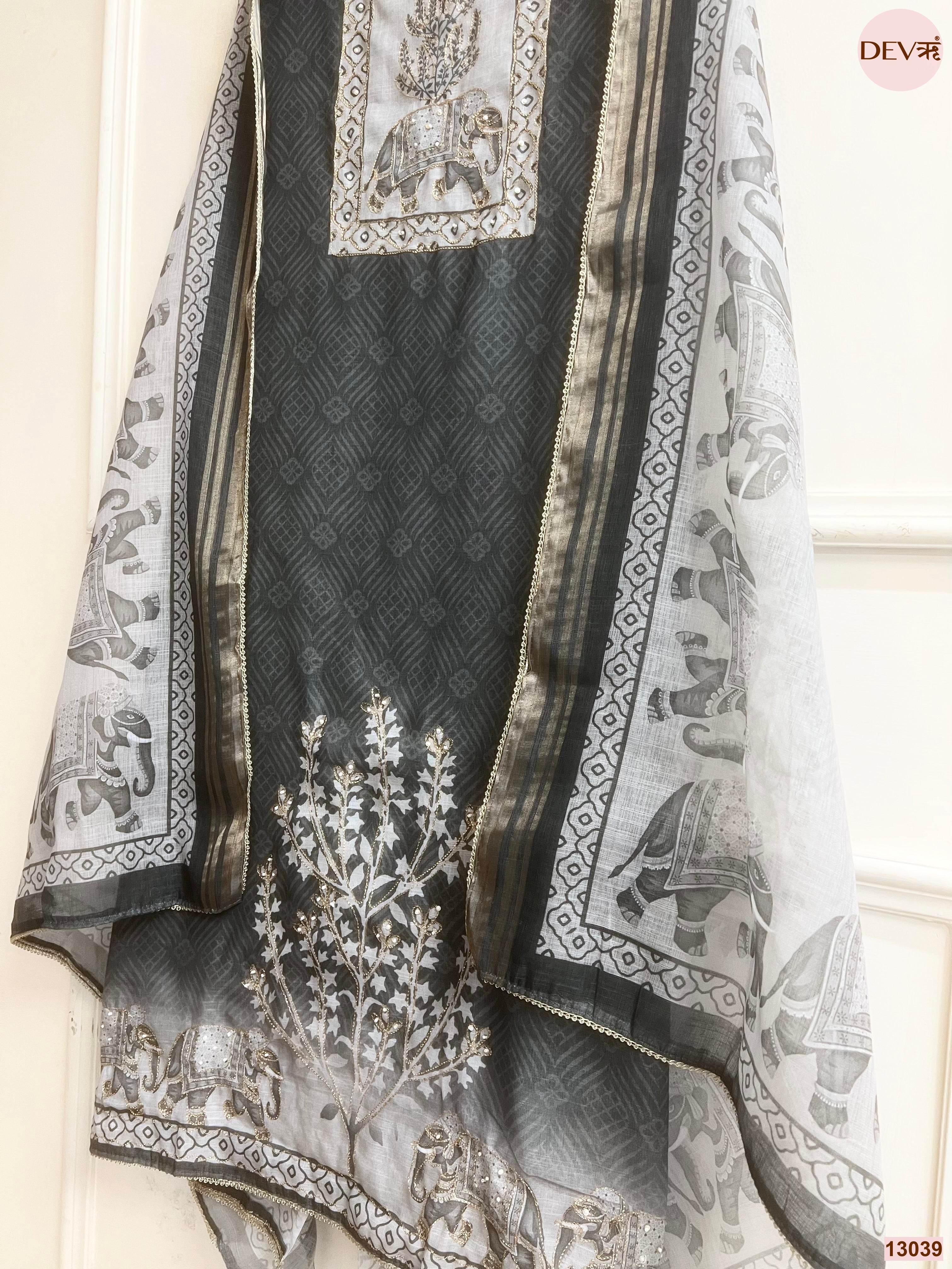 Green Linen Cotton Printed Unstitched 3-Piece Suit (Devri – D.No 13039)