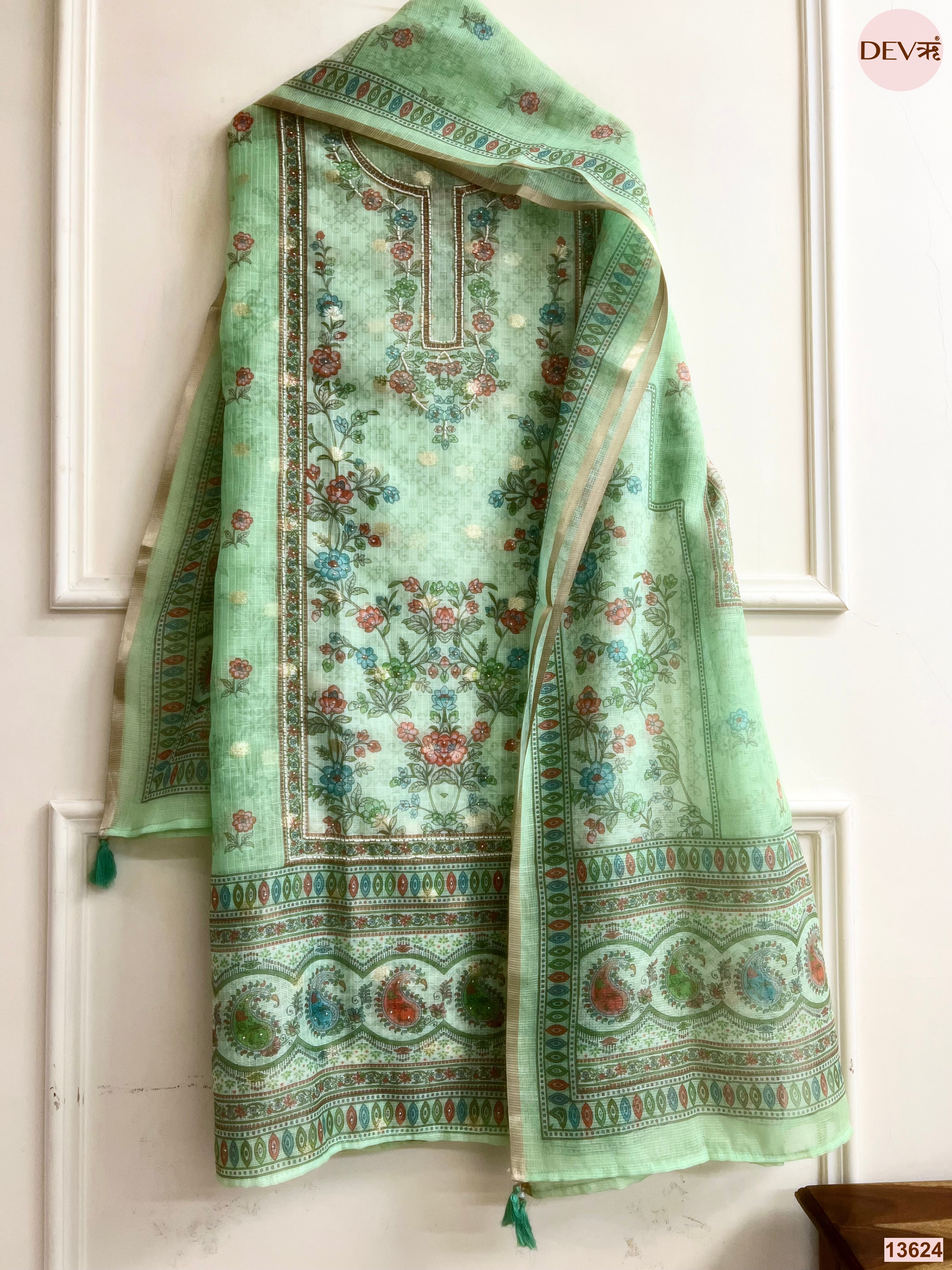Mint Kota Zari Printed Unstitched 3-Piece Suit (Devri – D.No 13624)