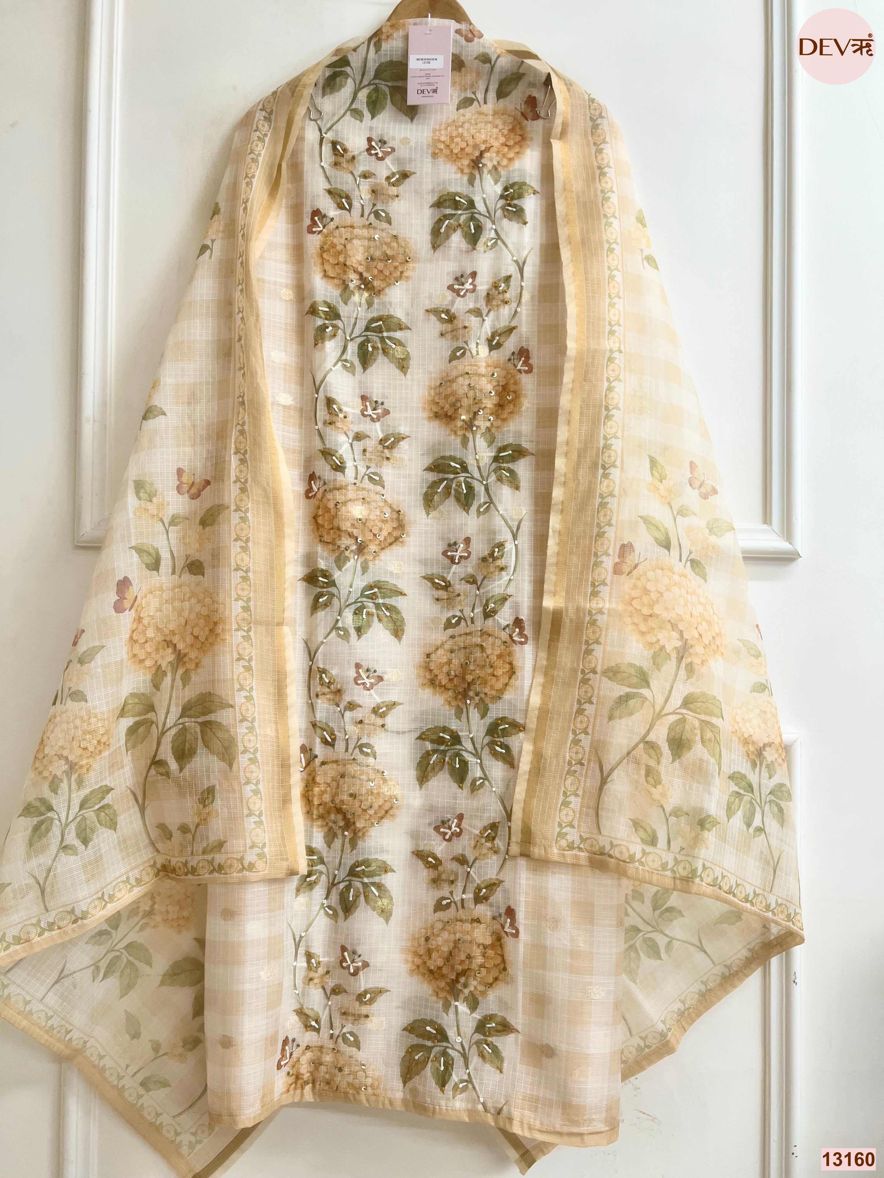 Beige Kota Printed Unstitched 3-Piece Suit (Devri – D.No 13160)