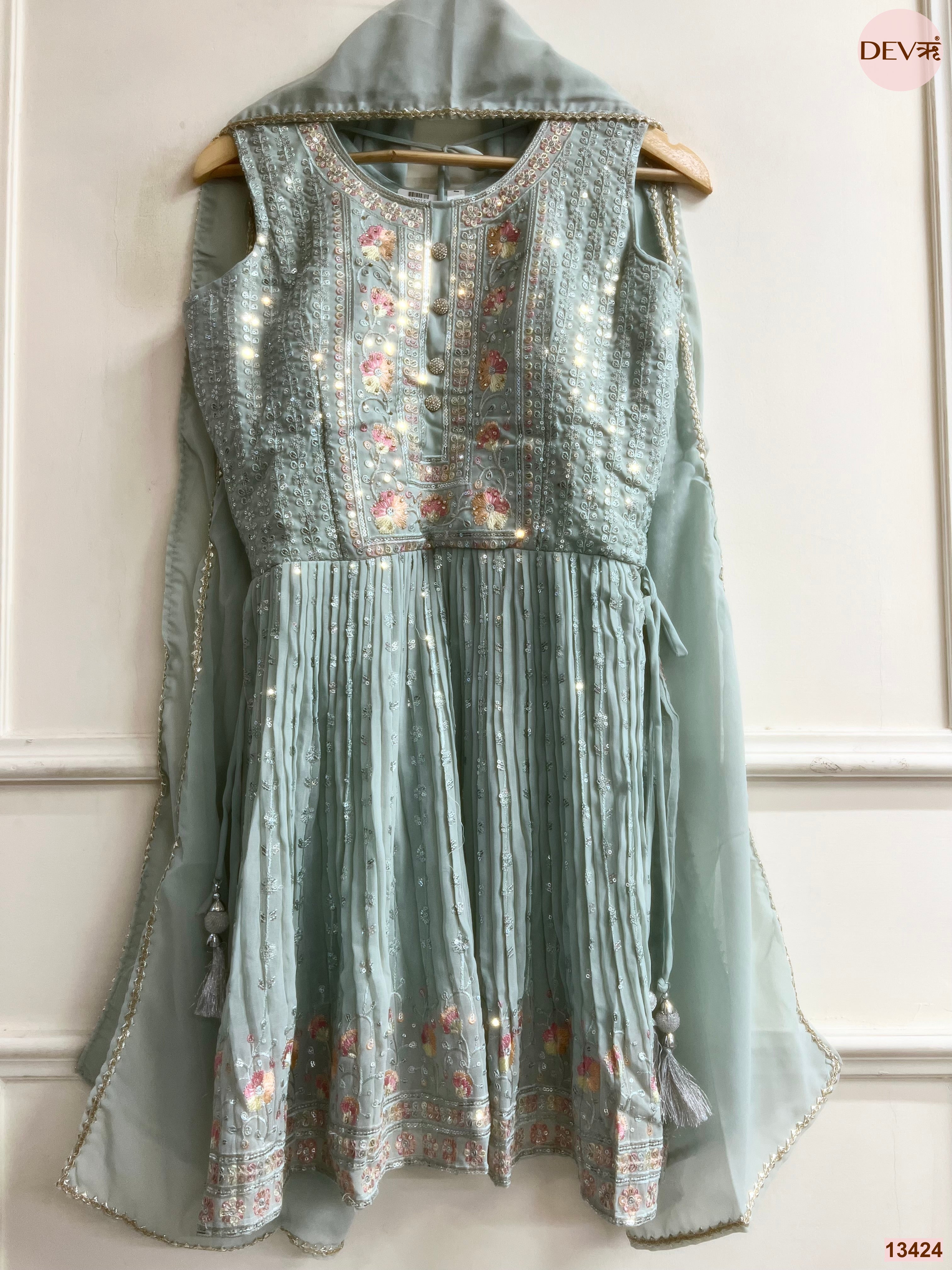 Gulnaar Georgete Embroidered Sea Green 3-Piece Set (Devri – D.No 13424)