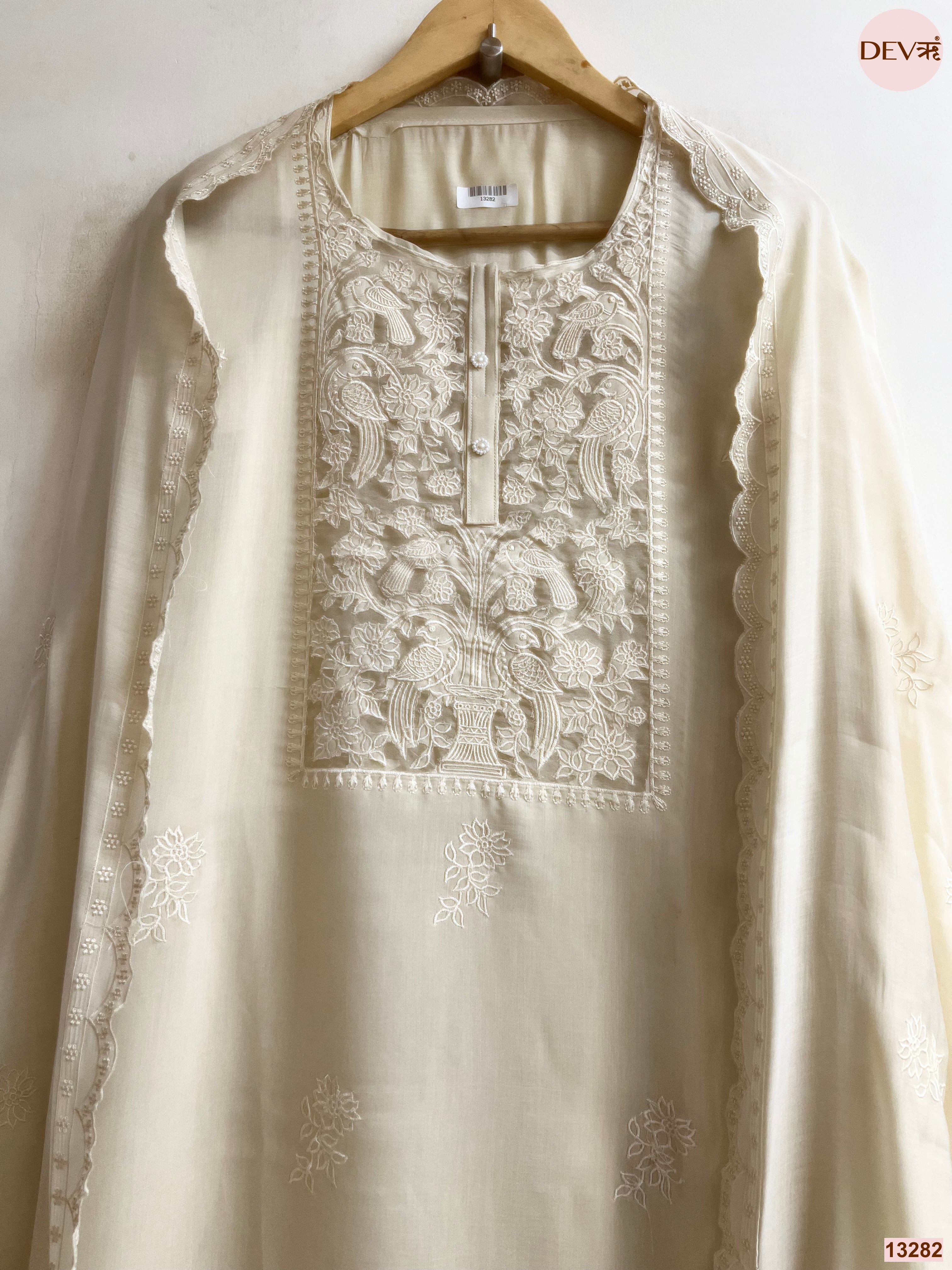 Cream Mul Cotton Embroidered Unstitched 3-Piece Suit (Devri – D.No 13282)