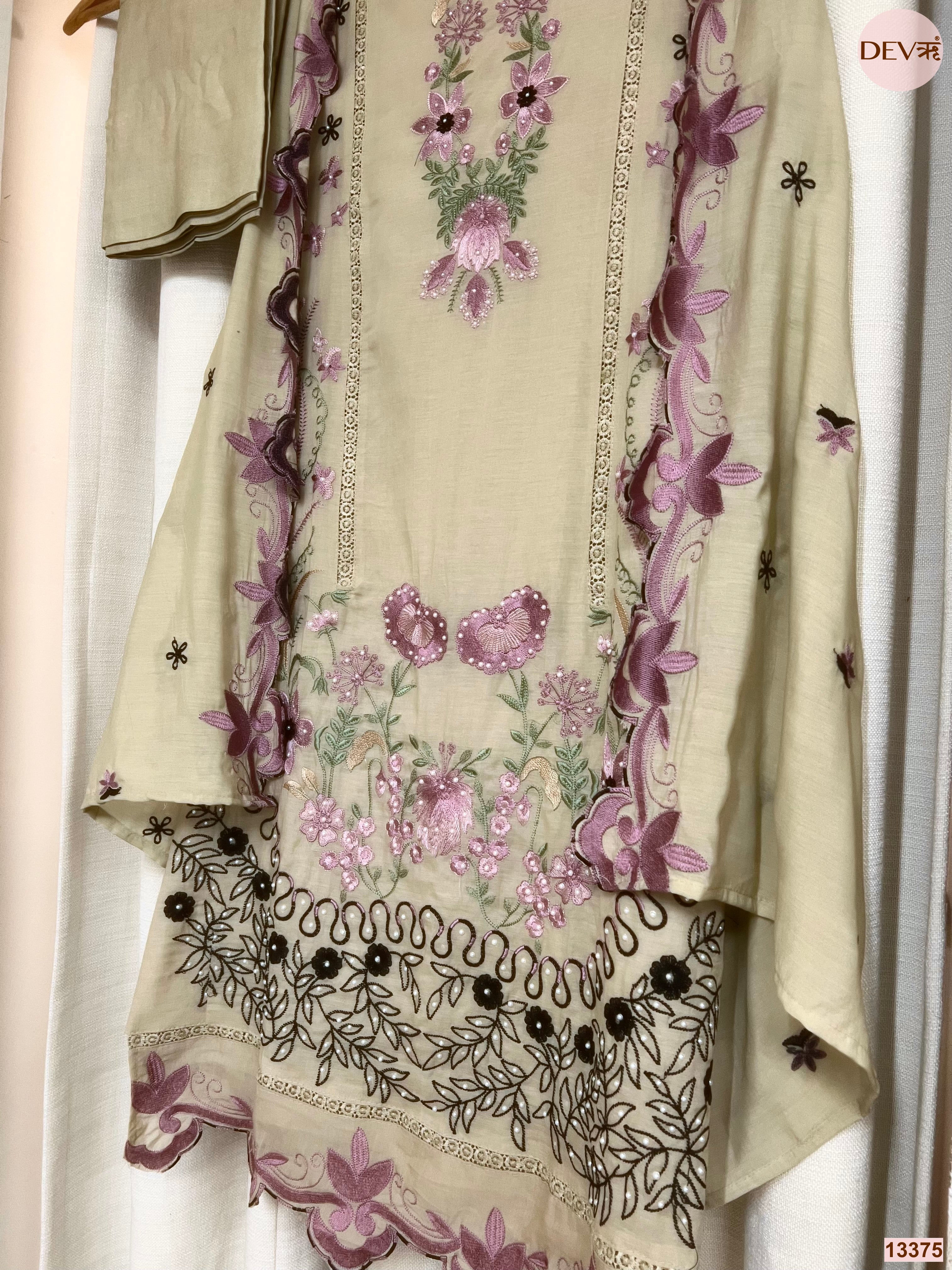 Beige Mul Cotton Embroidered Unstitched 3-Piece Suit (Devri – D.No 13375)