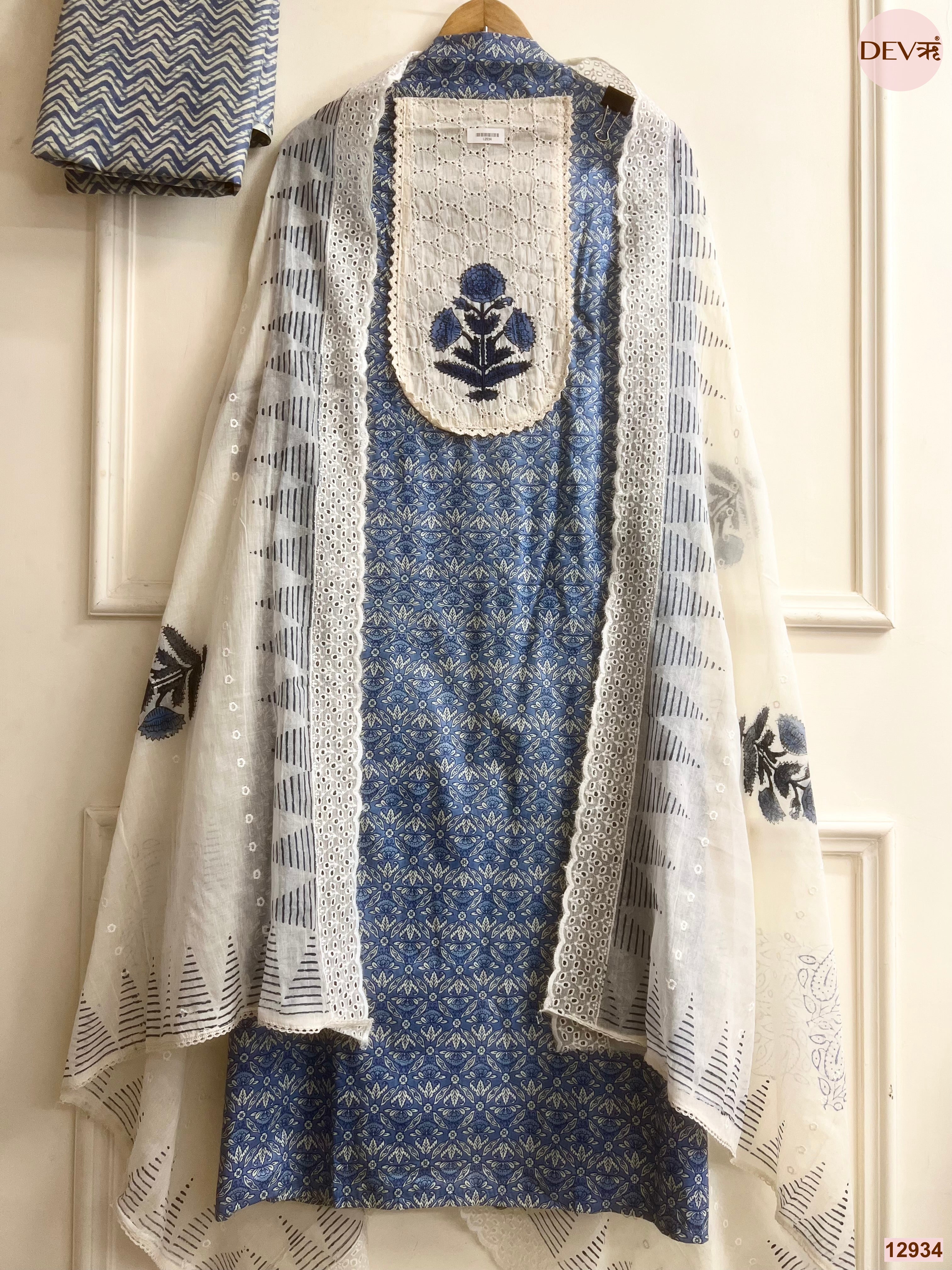 Blue Cotton Printed Unstitched 3-Piece Suit (Devri – D.No 12934)