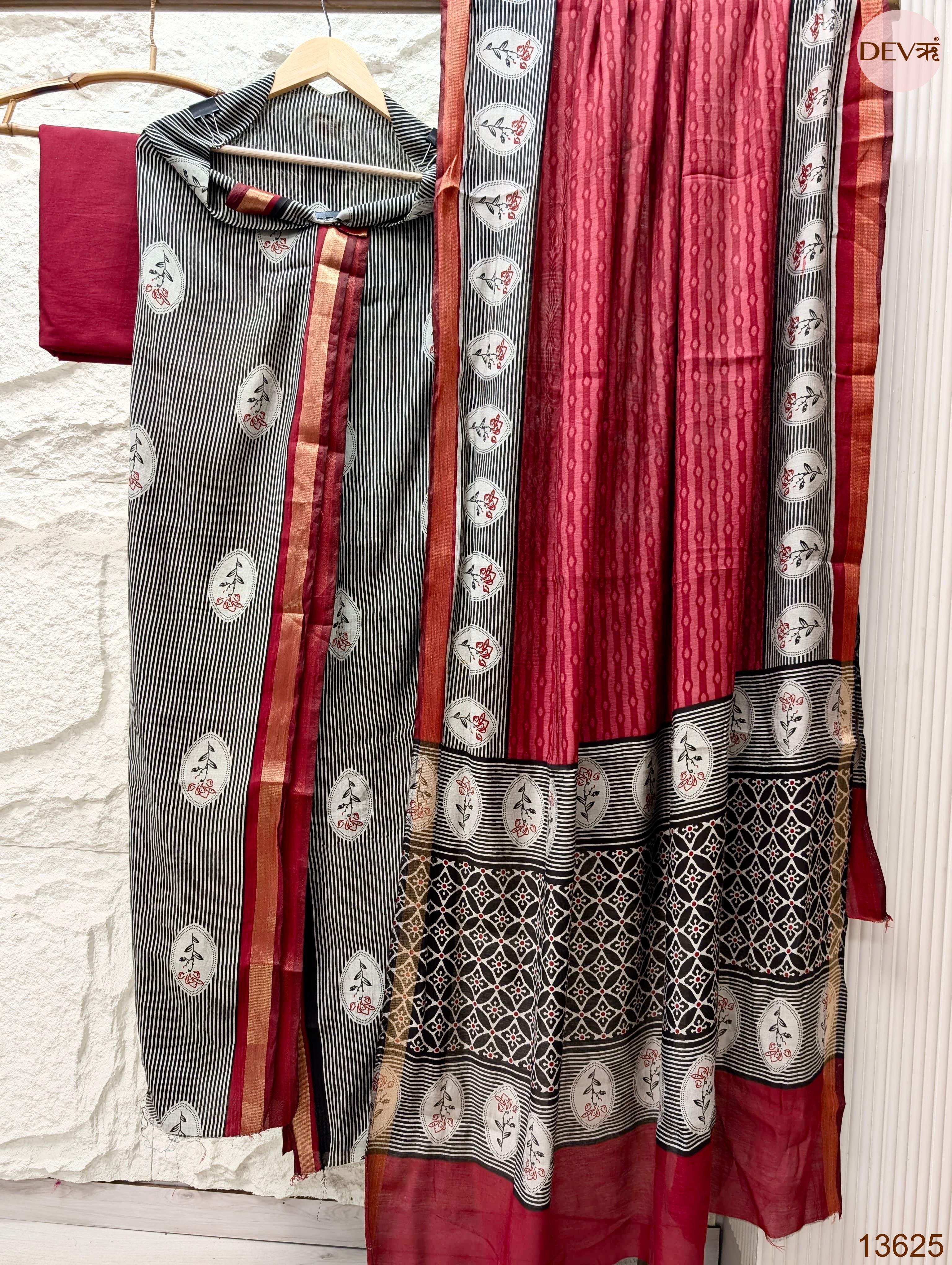 Black Maheshwari Silk Printed Unstitched 3-Piece Suit (Devri – D.No 13625)