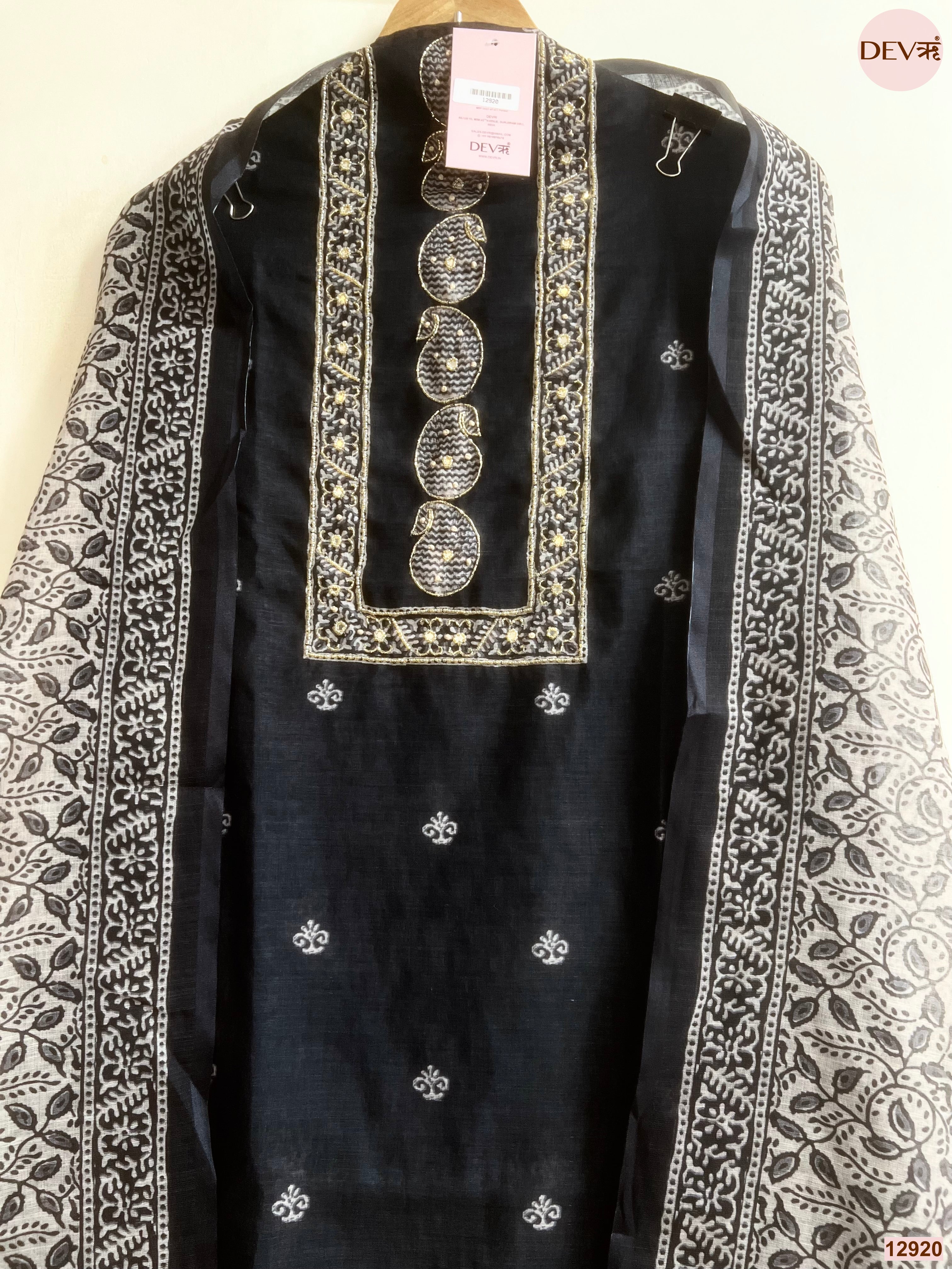 Black Linen Cotton Printed Unstitched 3-Piece Suit (Devri – D.No 12920)