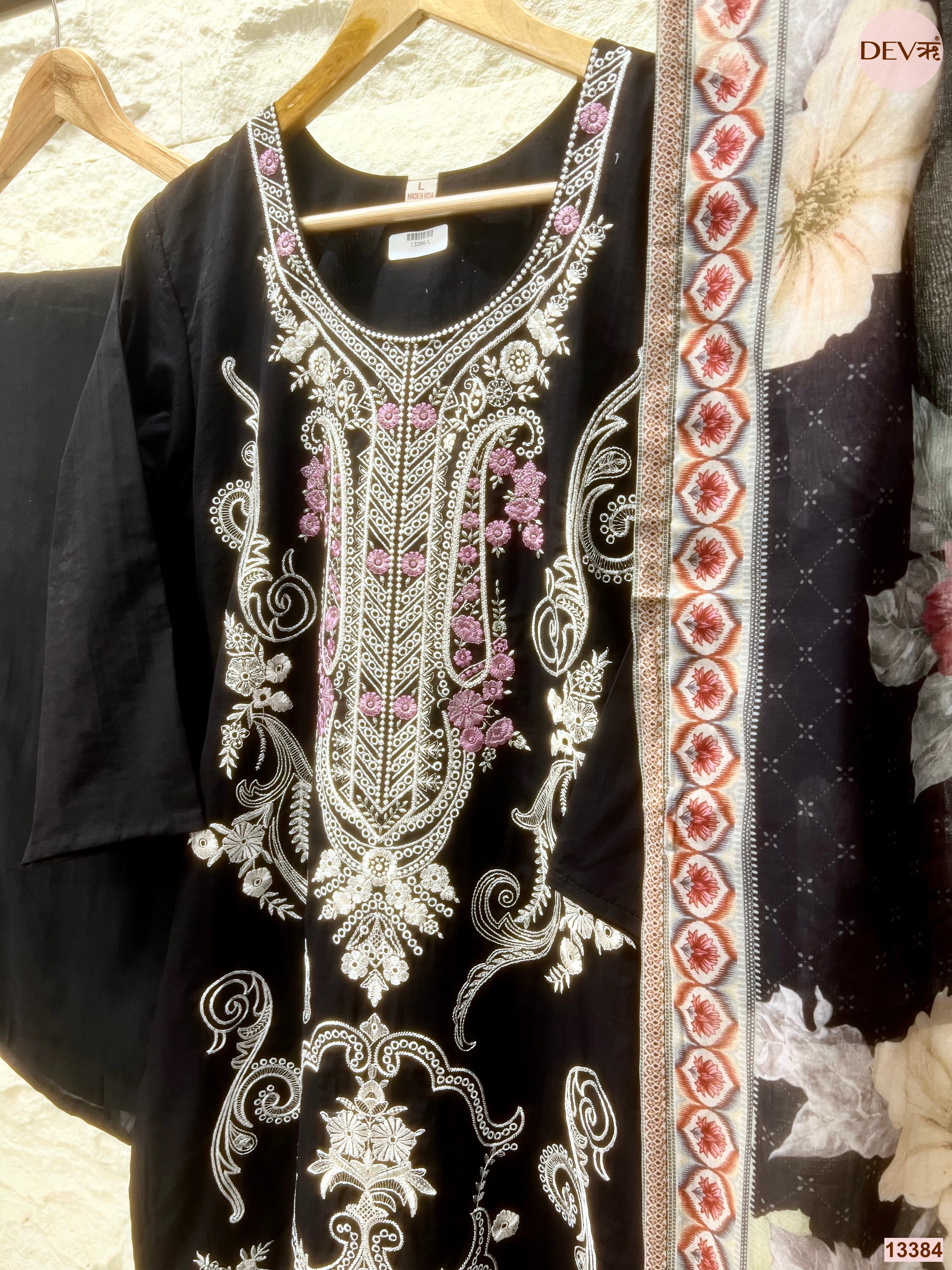 Meher Pure Mul Cotton Embroidered Black 3-Piece Set (Devri – D.No 13384)