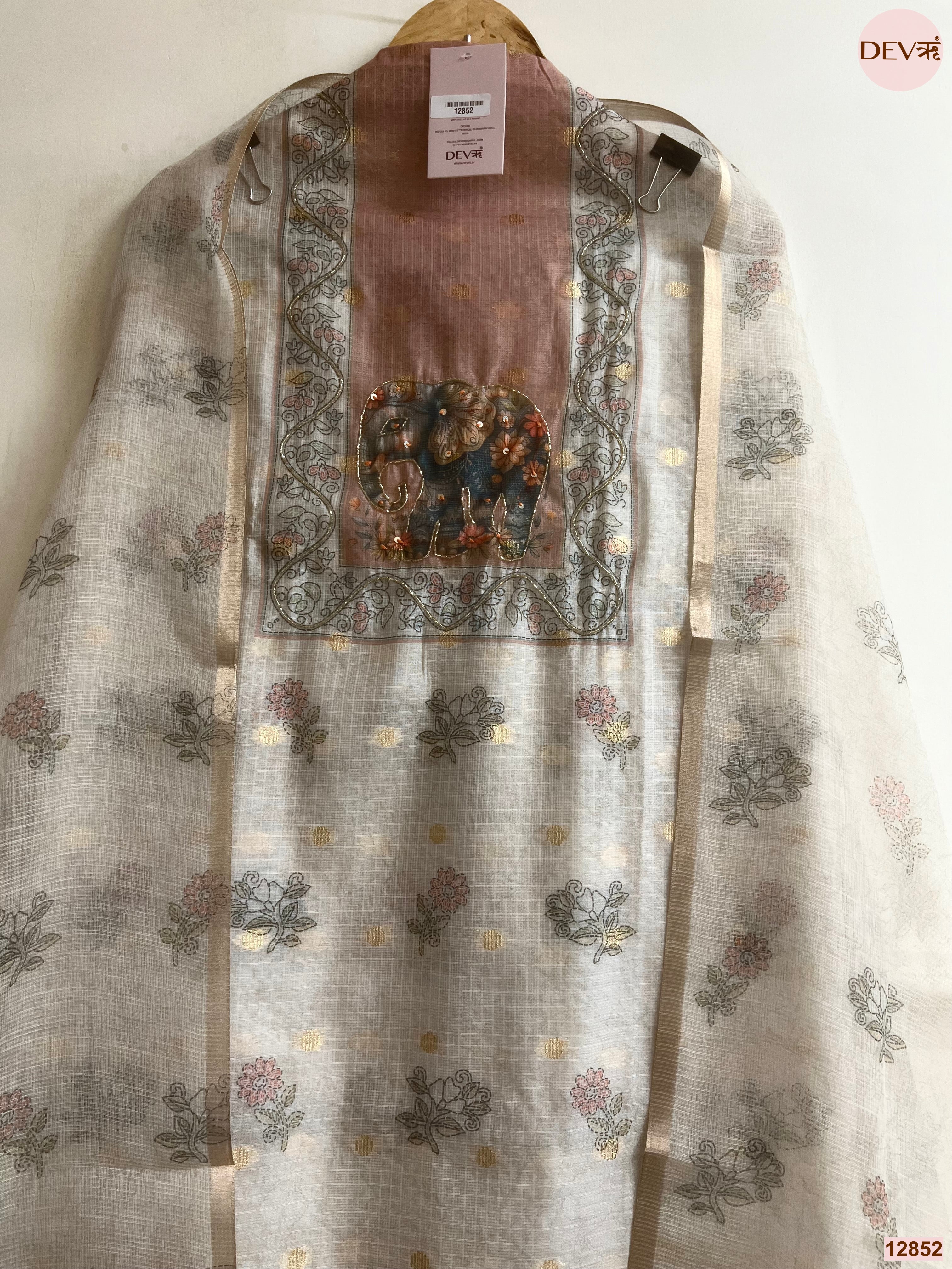 Dusty Pink Linen Cotton Printed Unstitched 3-Piece Suit (Devri – D.No 12852)