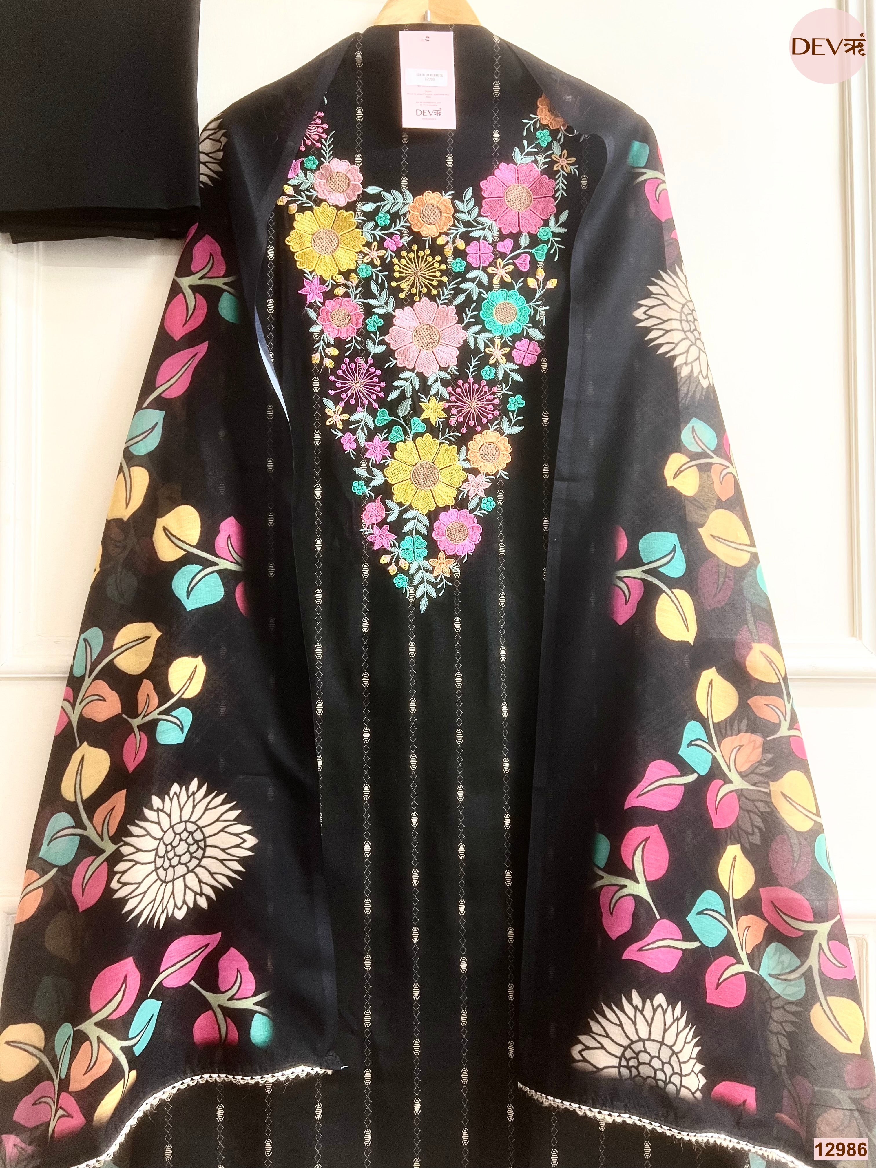 Black Cotton Handloom Printed Unstitched 3-Piece Suit (Devri – D.No 12986)