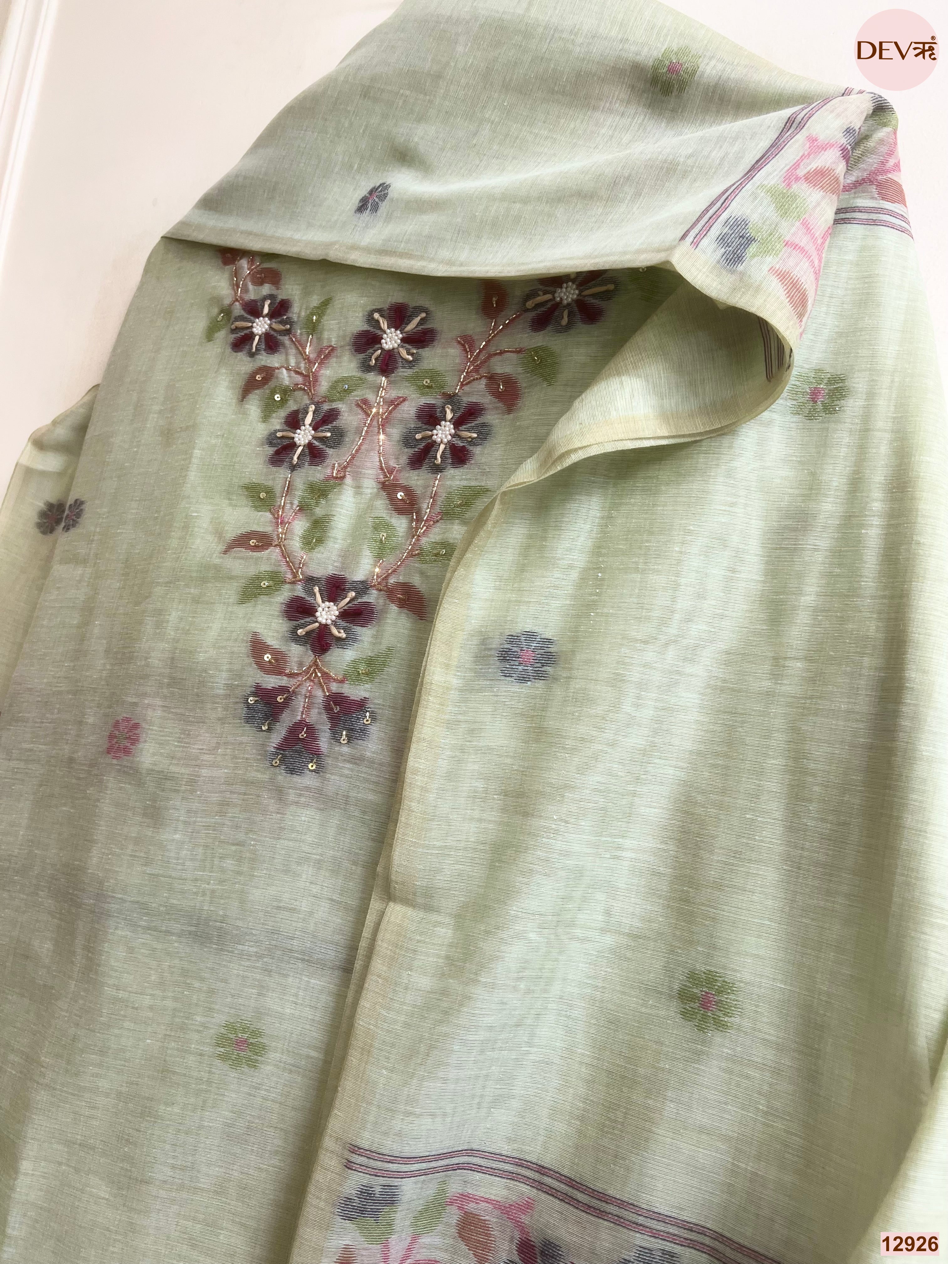 Green Jamdani Cotton Printed Unstitched 3-Piece Suit (Devri – D.No 12926)