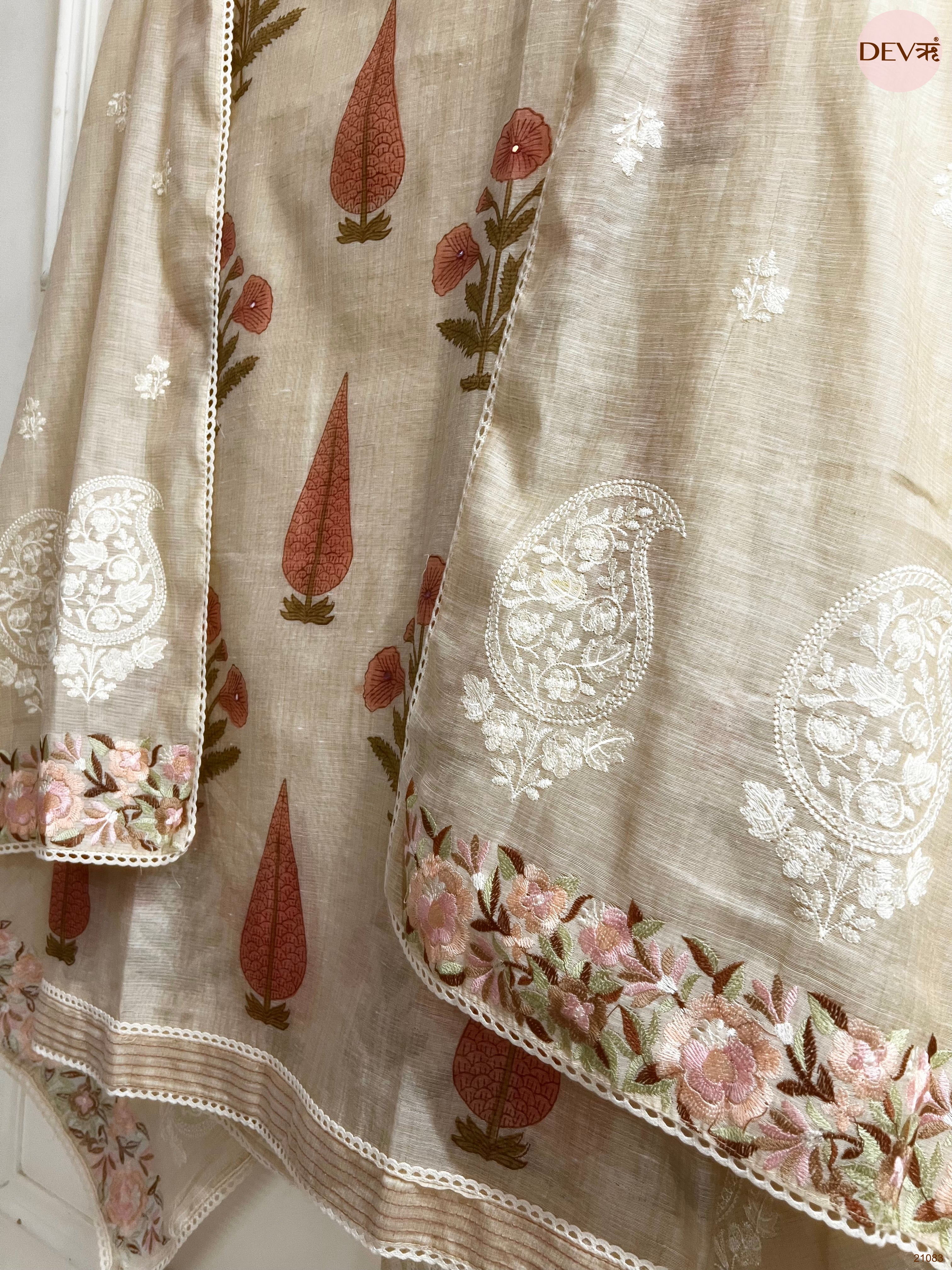 Beige Mul Chanderi Printed Unstitched 3-Piece Suit (Devri – D.No 21083)