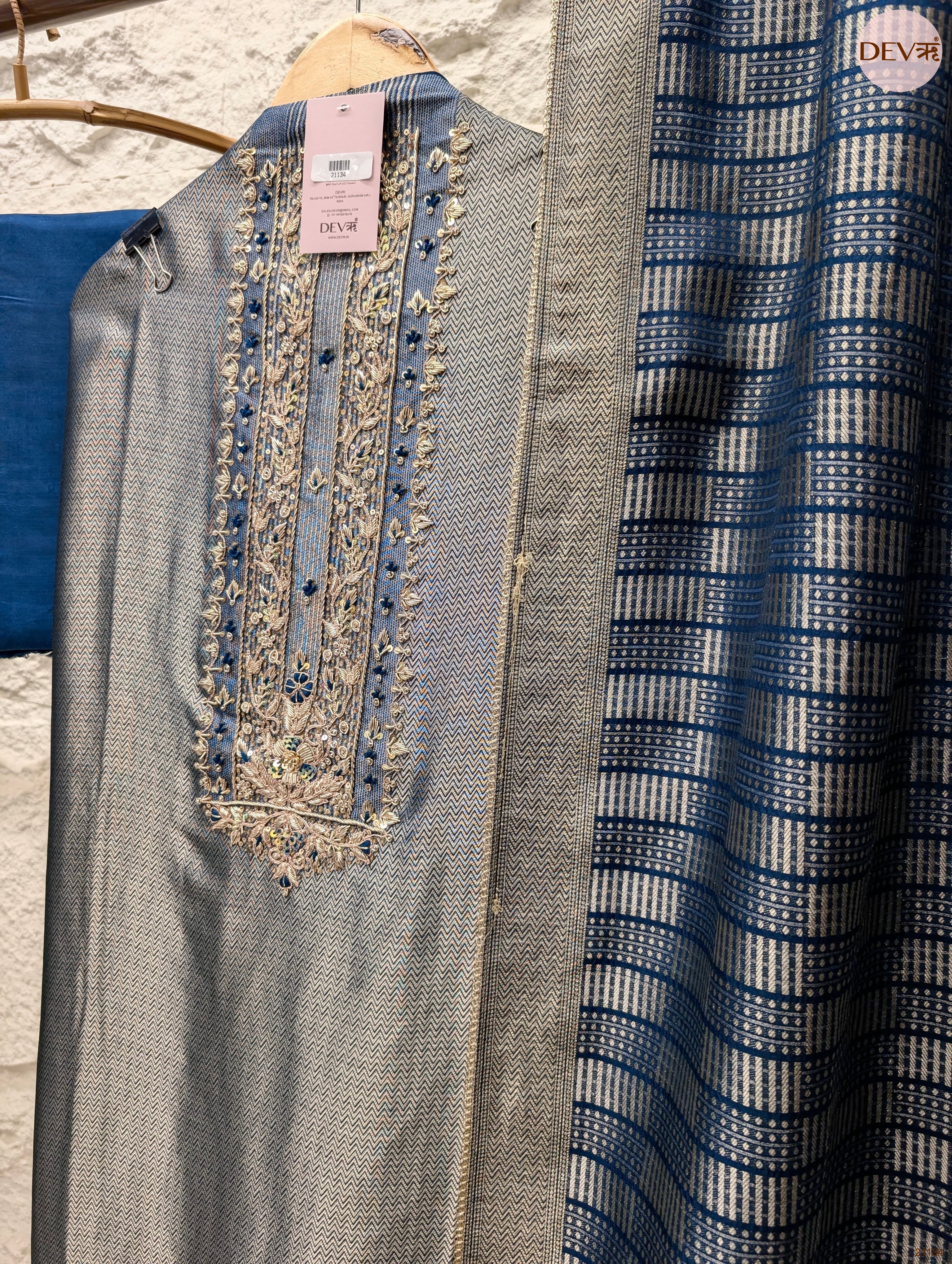 Blue Pure Giraffe Banarasi Silk Embroidered Unstitched 3-Piece Suit (Devri – D.No 21134)