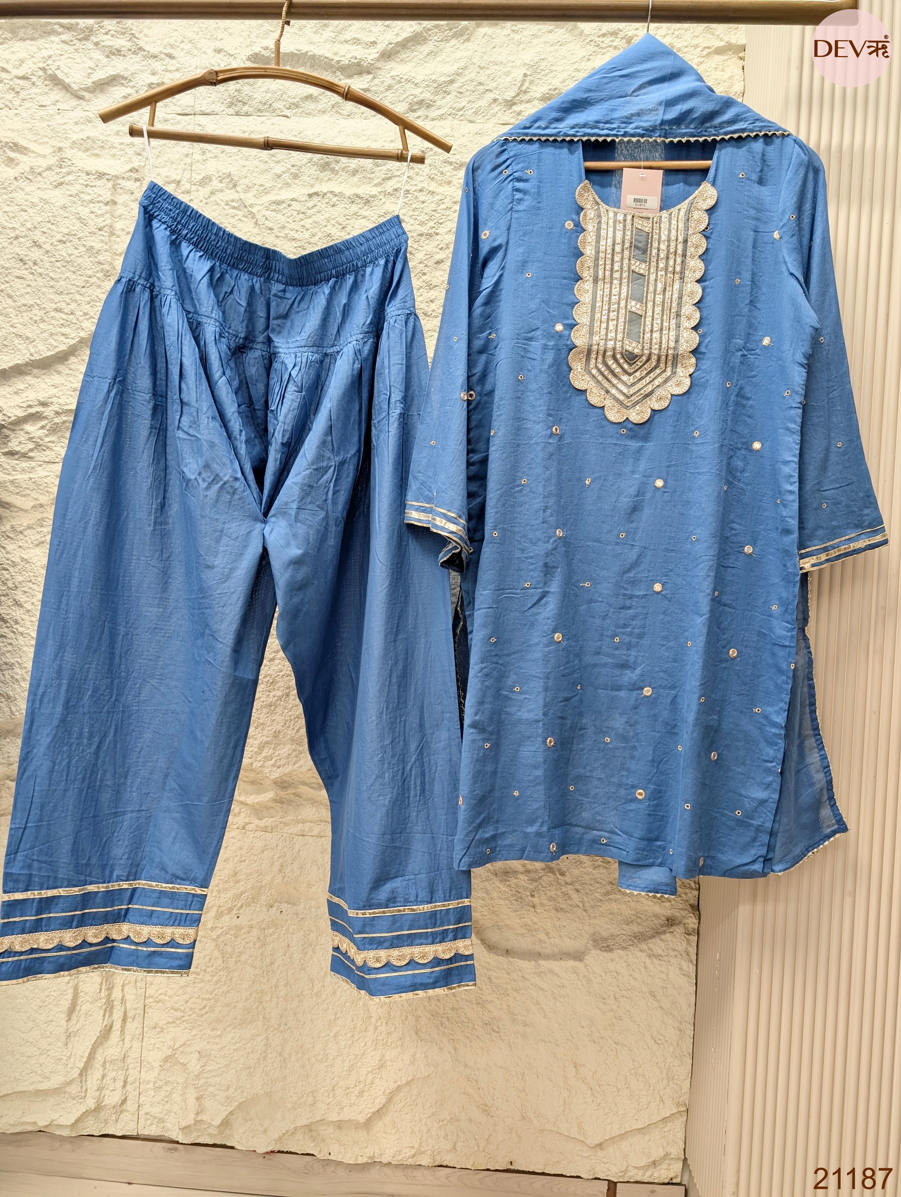 Neelika Pure mul cotton Embroidered Blue 3-Piece Set (Devri – D.No 21187)