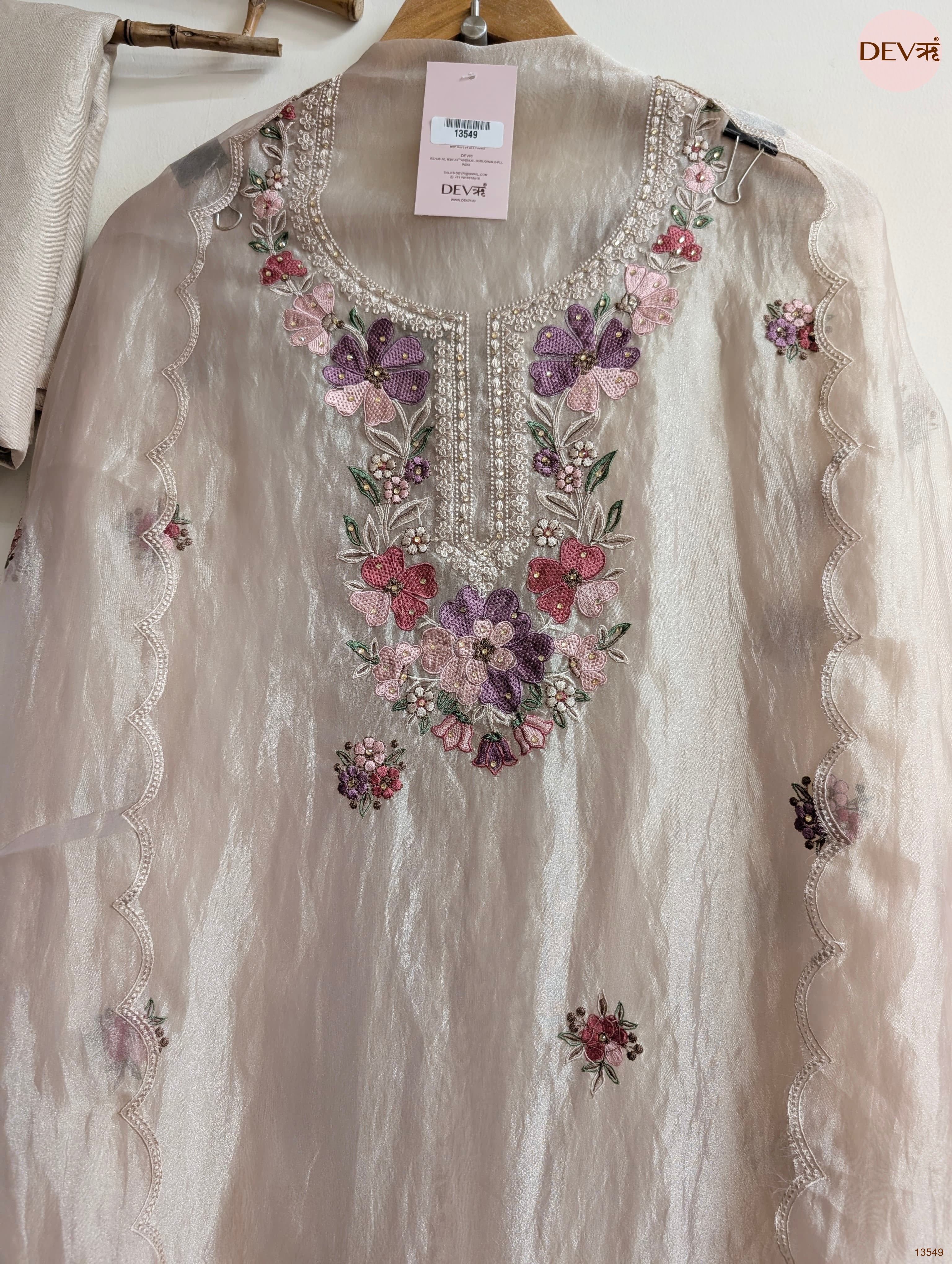 Beige Tissue Organza Silk Embroidered Unstitched 3-Piece Suit (Devri – D.No 13549)