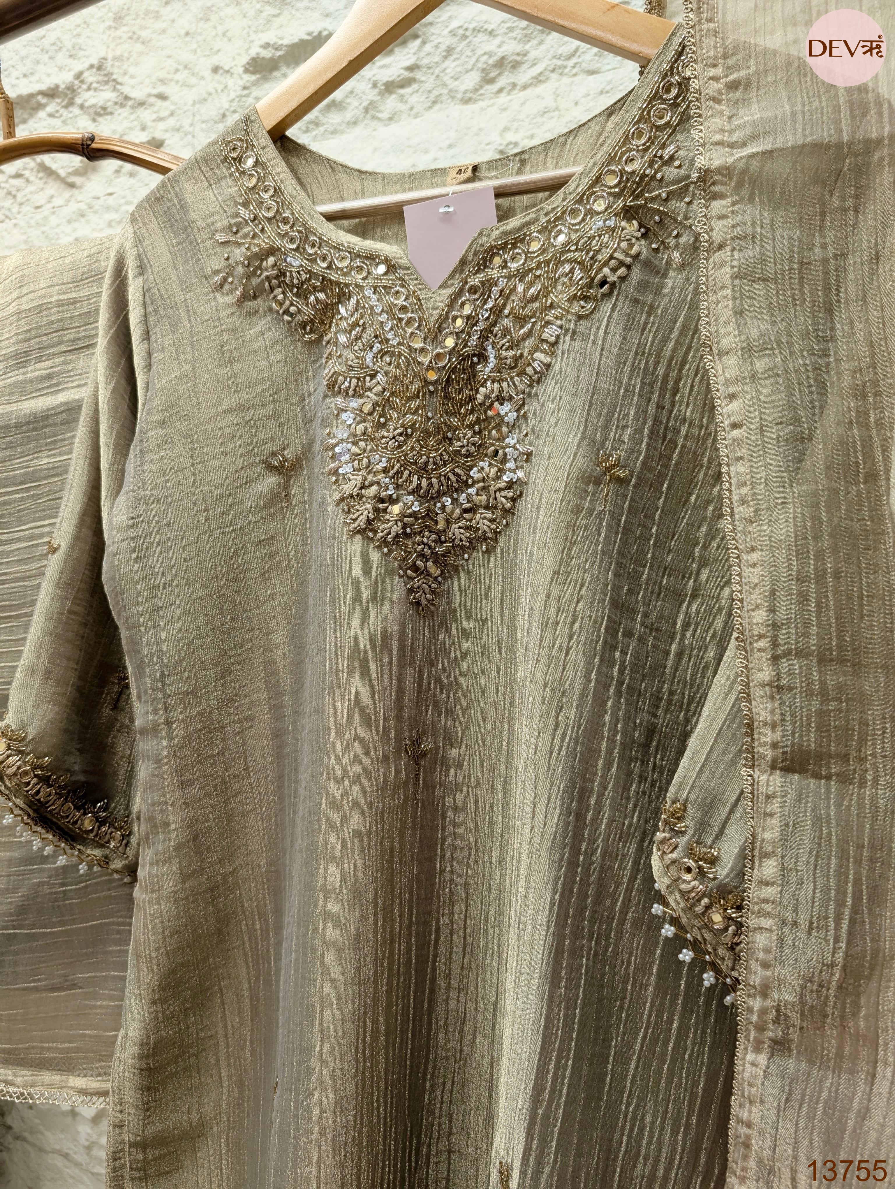 Zareen Tissue crush silk Embroidered Beige 3-Piece Set (Devri – D.No 13755)