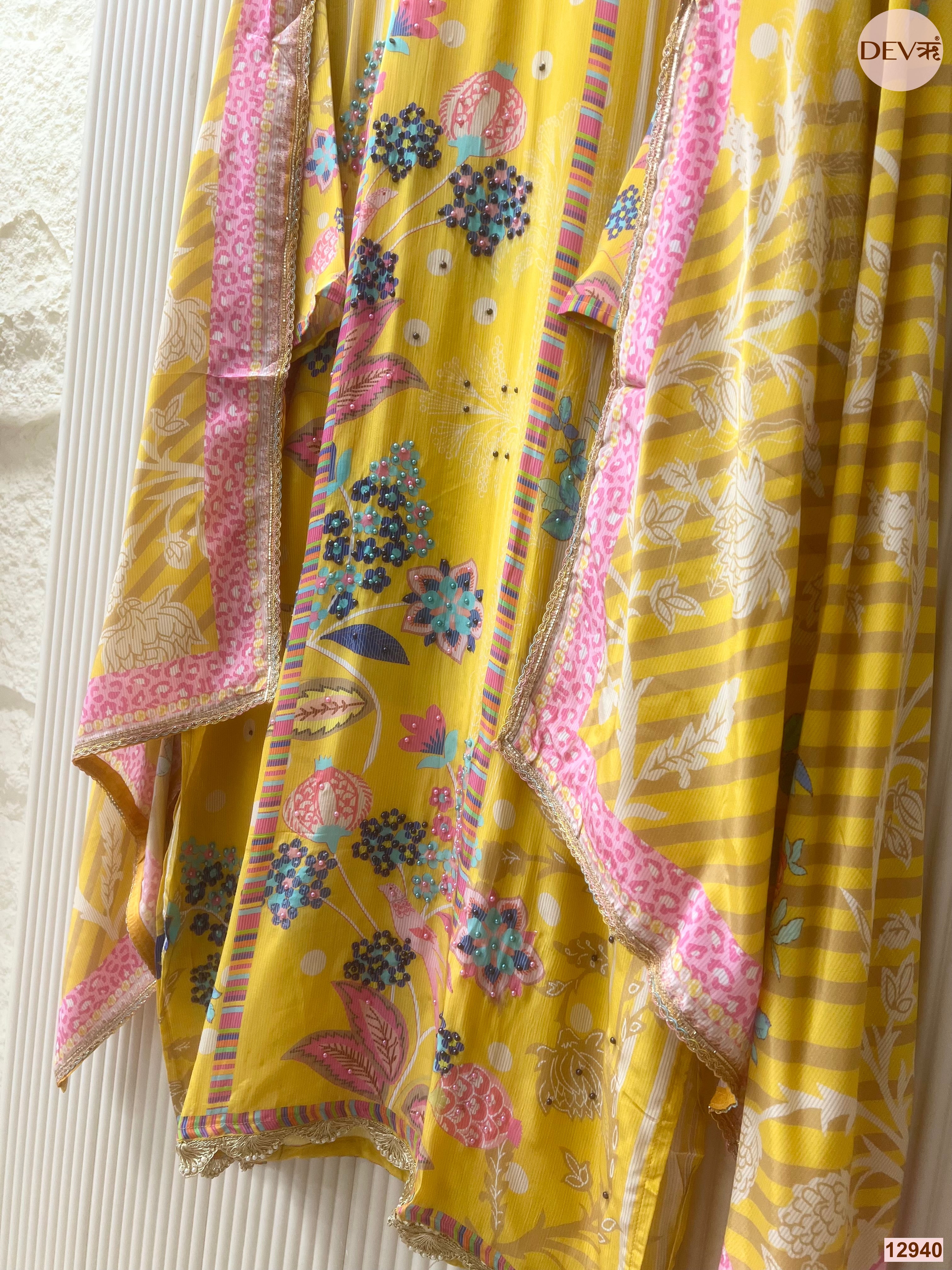 Yellow Natural Crape Printed Unstitched 3-Piece Suit (Devri – D.No 12940)