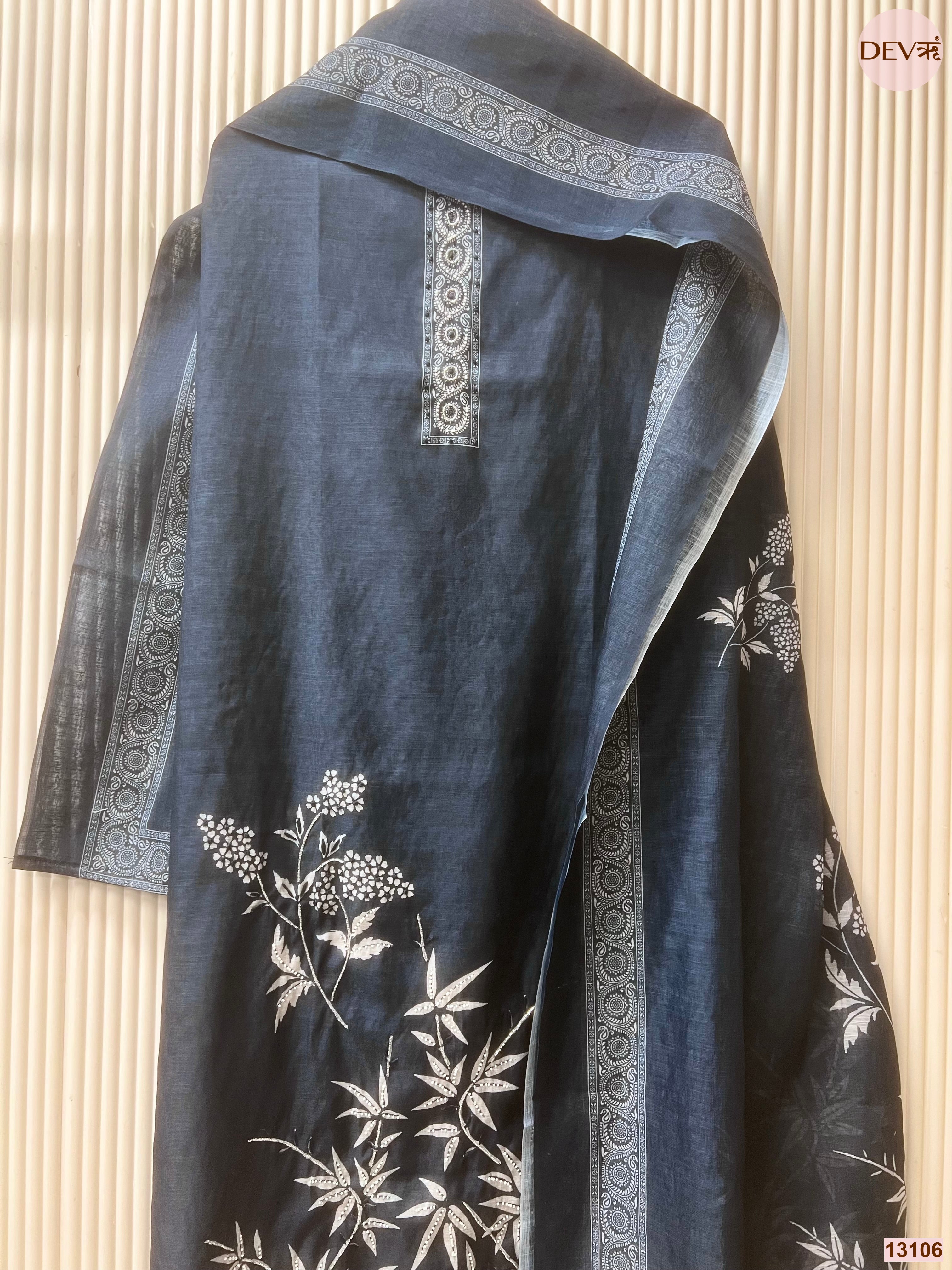 Navy Linen Cotton Printed Unstitched 3-Piece Suit (Devri – D.No 13106)