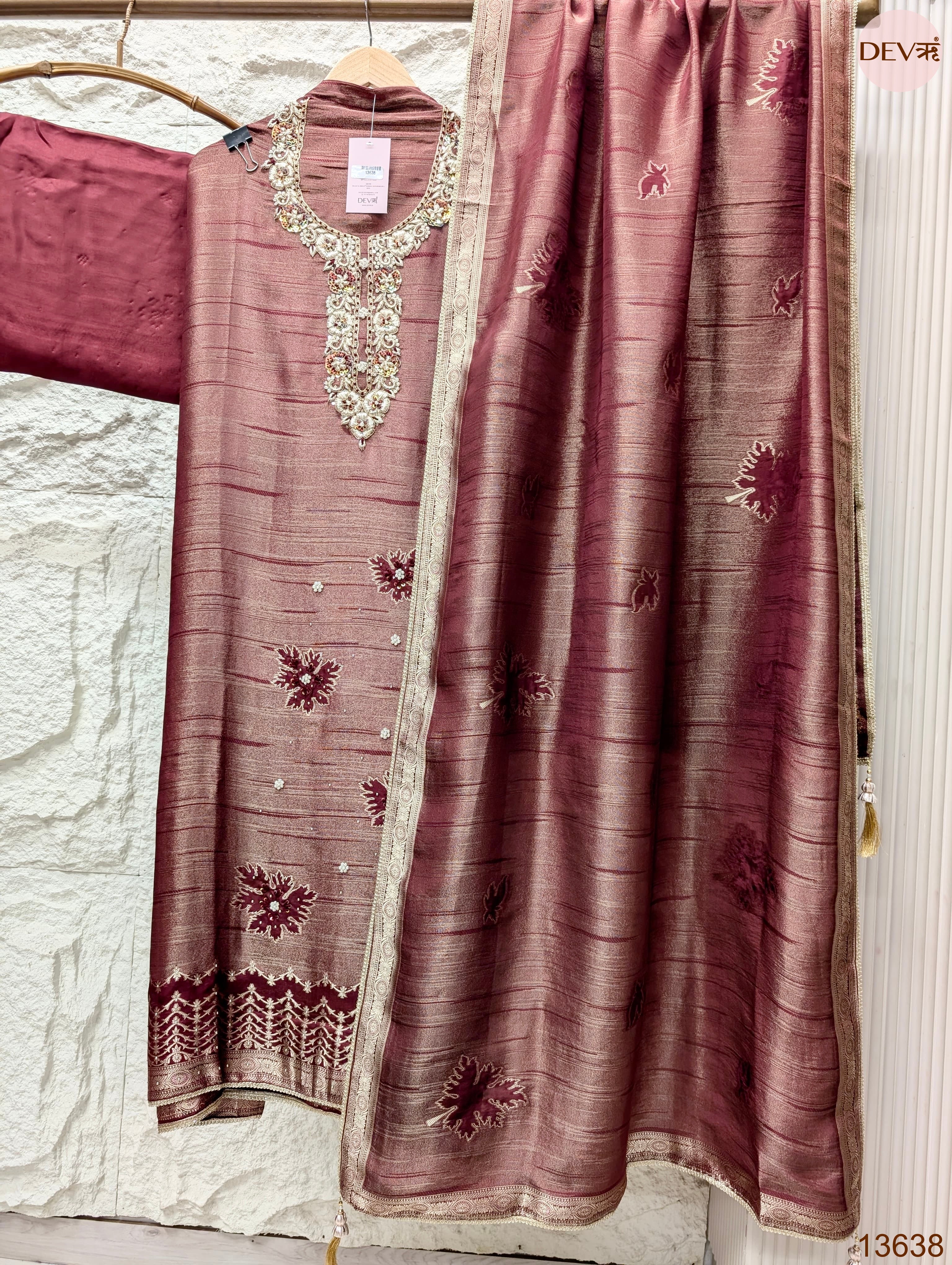 Wine Pure Girafe Banarasi Silk Embroidered Unstitched 3-Piece Suit (Devri – D.No 13638)