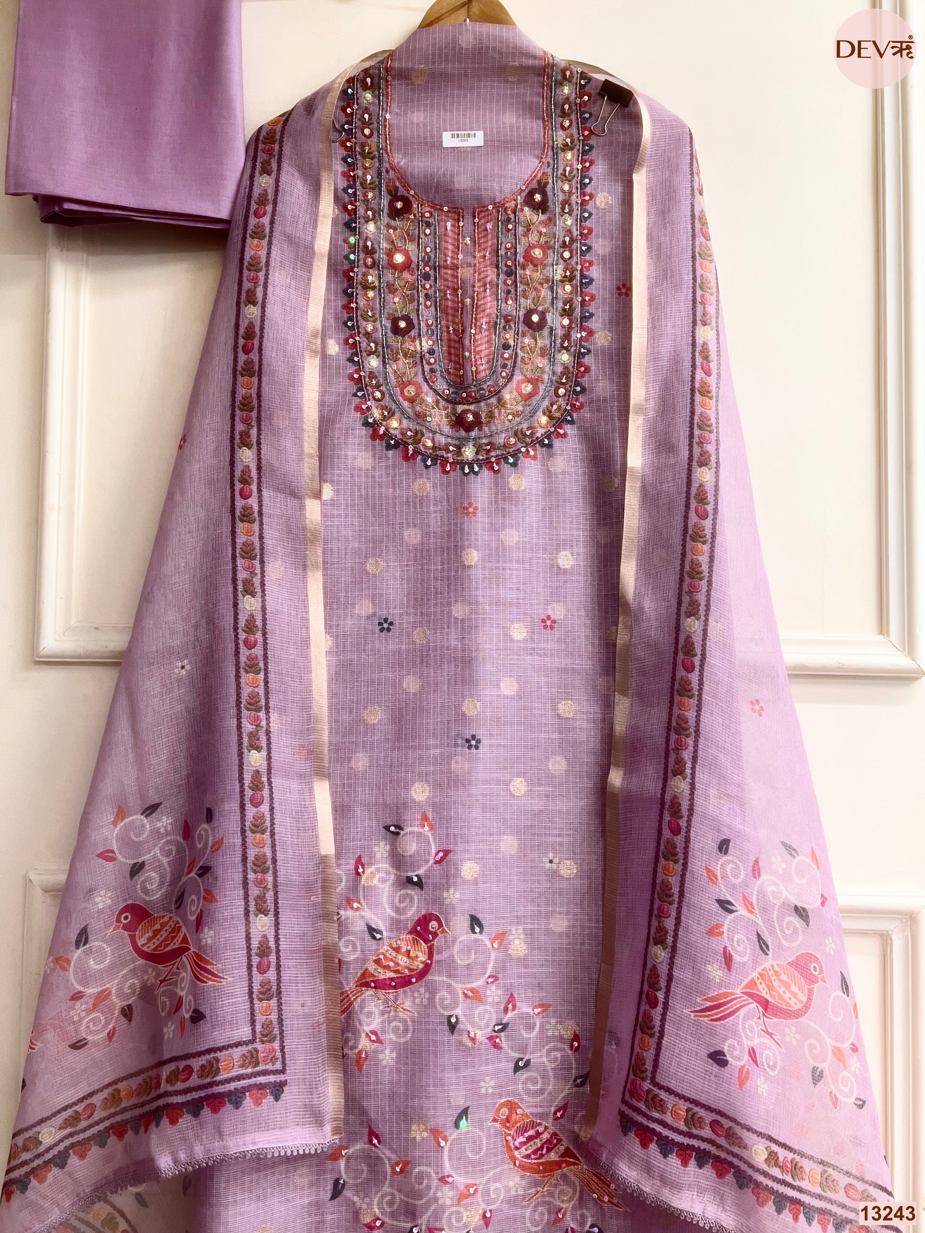 Lavender Kota Printed Unstitched 3-Piece Suit (Devri – D.No 13243)