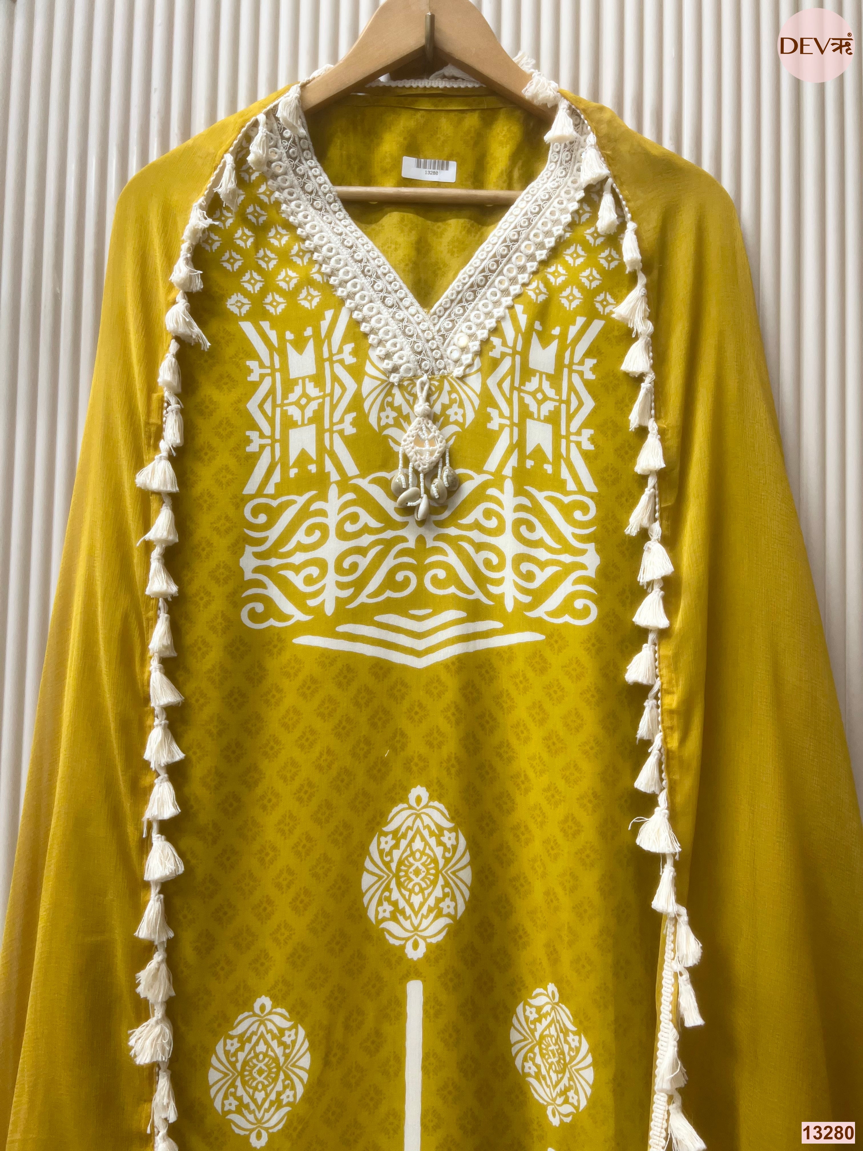 Mustard Muslin Printed Unstitched 3-Piece Suit (Devri – D.No 13280)