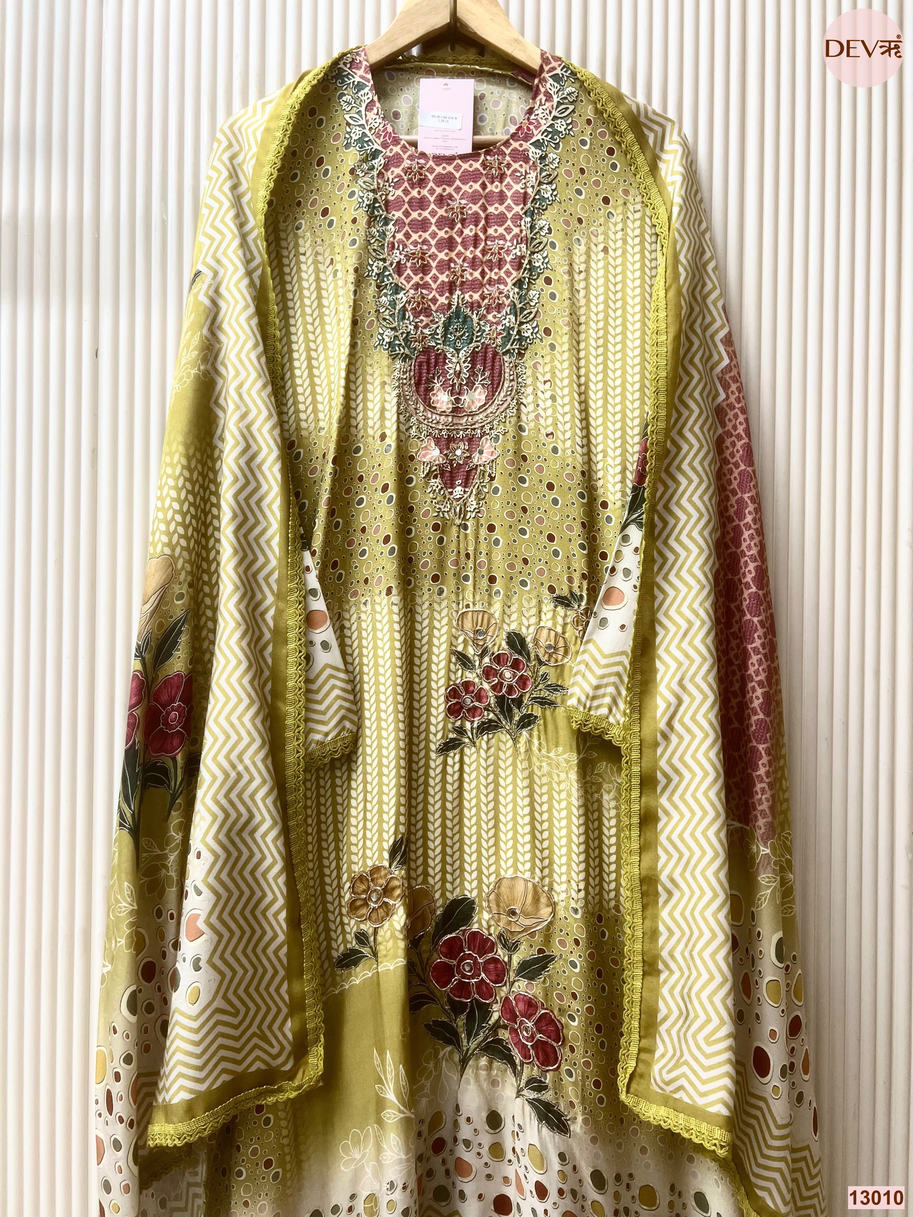 Olive Muslin Printed Unstitched 3-Piece Suit (Devri – D.No 13010)